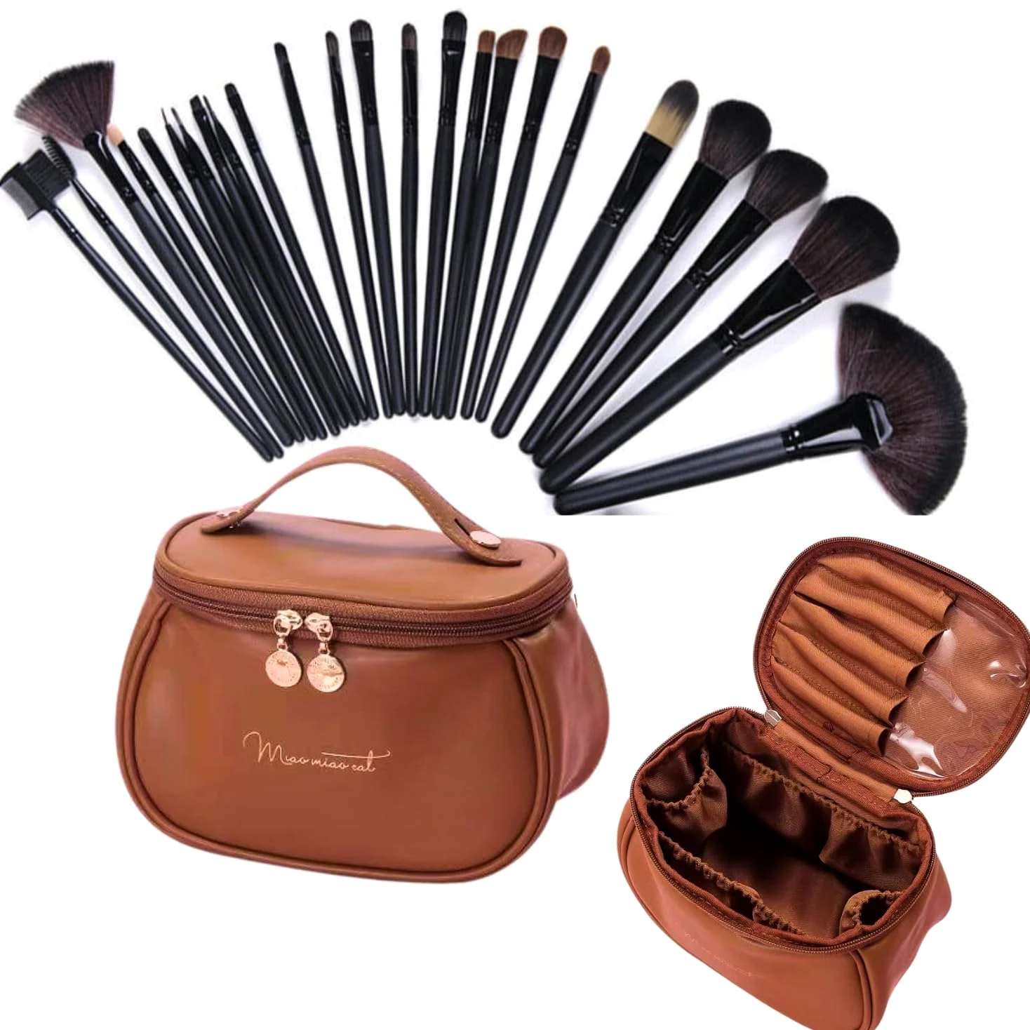 Set di 24 pennelli da trucco professionali con custodia da viaggio in pelle PU di alta qualità, morbide setole vegane, kit di pennelli per trucco viso e occhi, per donne e ragazze, borsa compatta