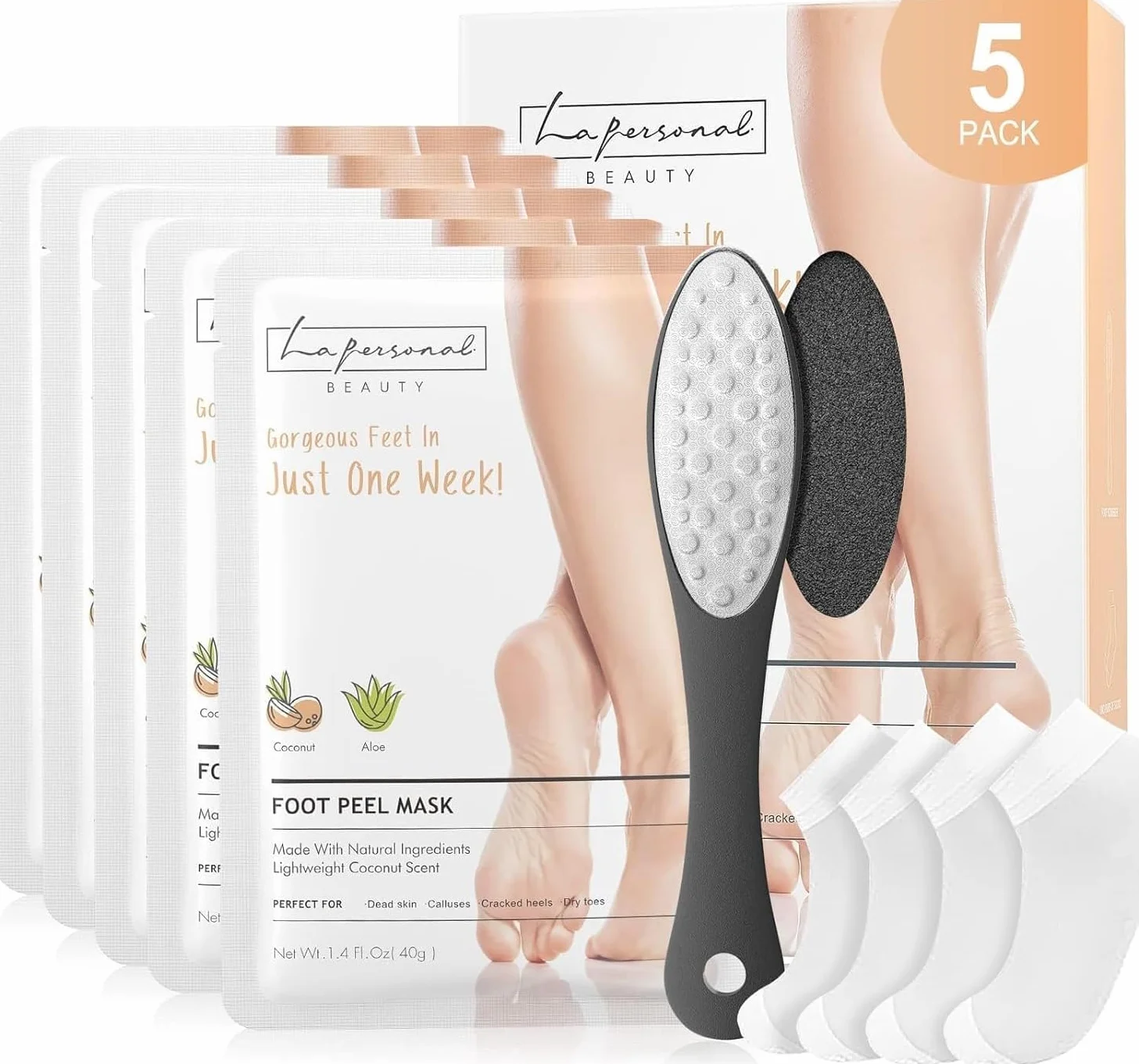 LA.PERSONAL Maschere Piedi 5 paia Peeling Piedi con Raspa Piedi e Calzini, Maschera Esfoliante Piede, Lisci e Morbidi, Maschere Piede Idratante Per Tallone Secchi Screpolati, Pelle morta e Calli