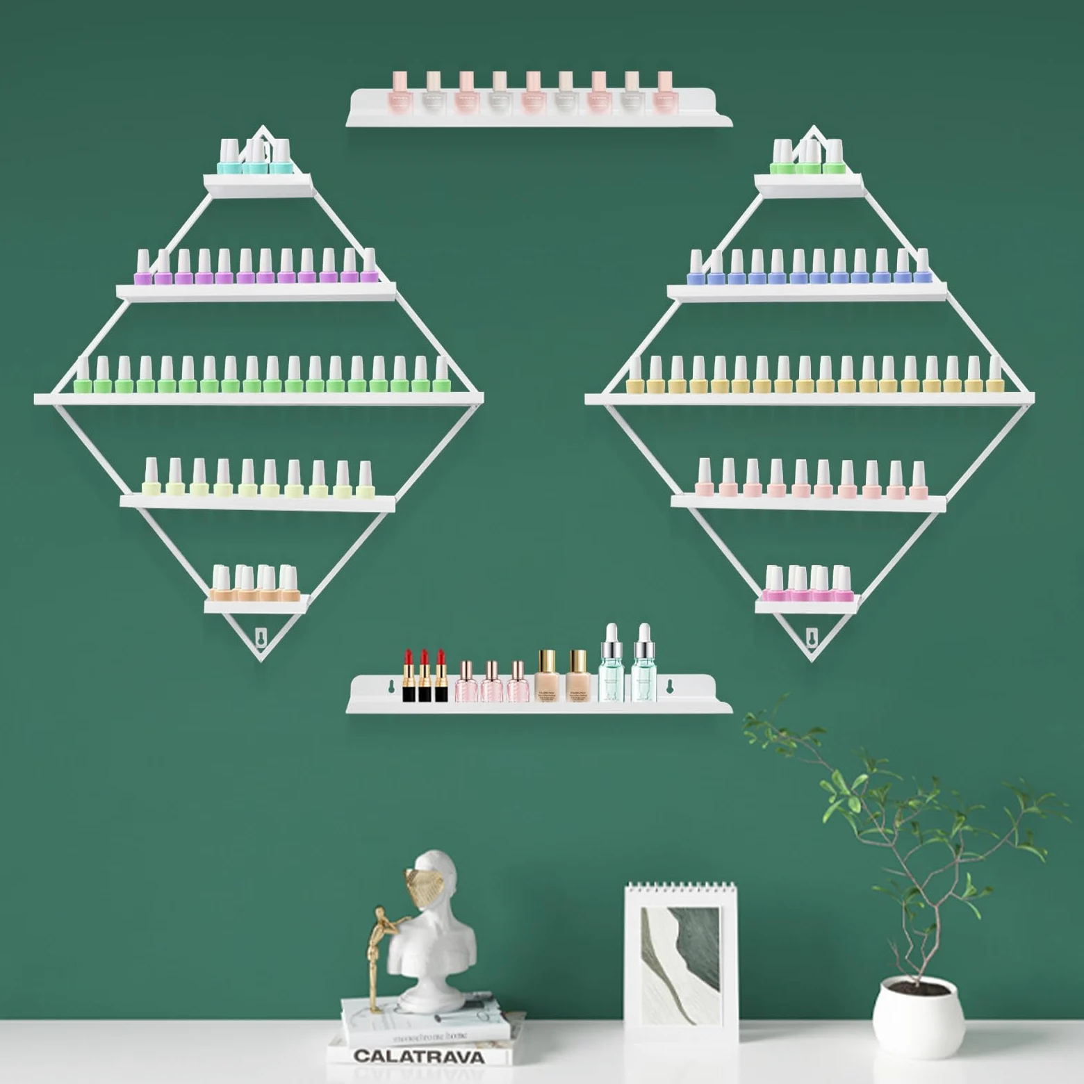 Scaffale per smalti in metallo a forma di diamante, organizzatore per smalto per unghie, oli essenziali, rossetto (bianco)