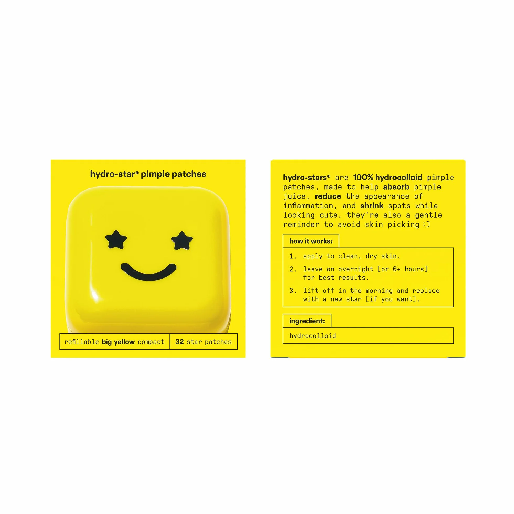 Starface Hydro-Stars Big Yellow, Cerotti per brufoli idrocolloidali, assorbono i fluidi e riducono l’infiammazione, a forma di simpatica stella, vegani e non testati sugli animali (32 pezzi)