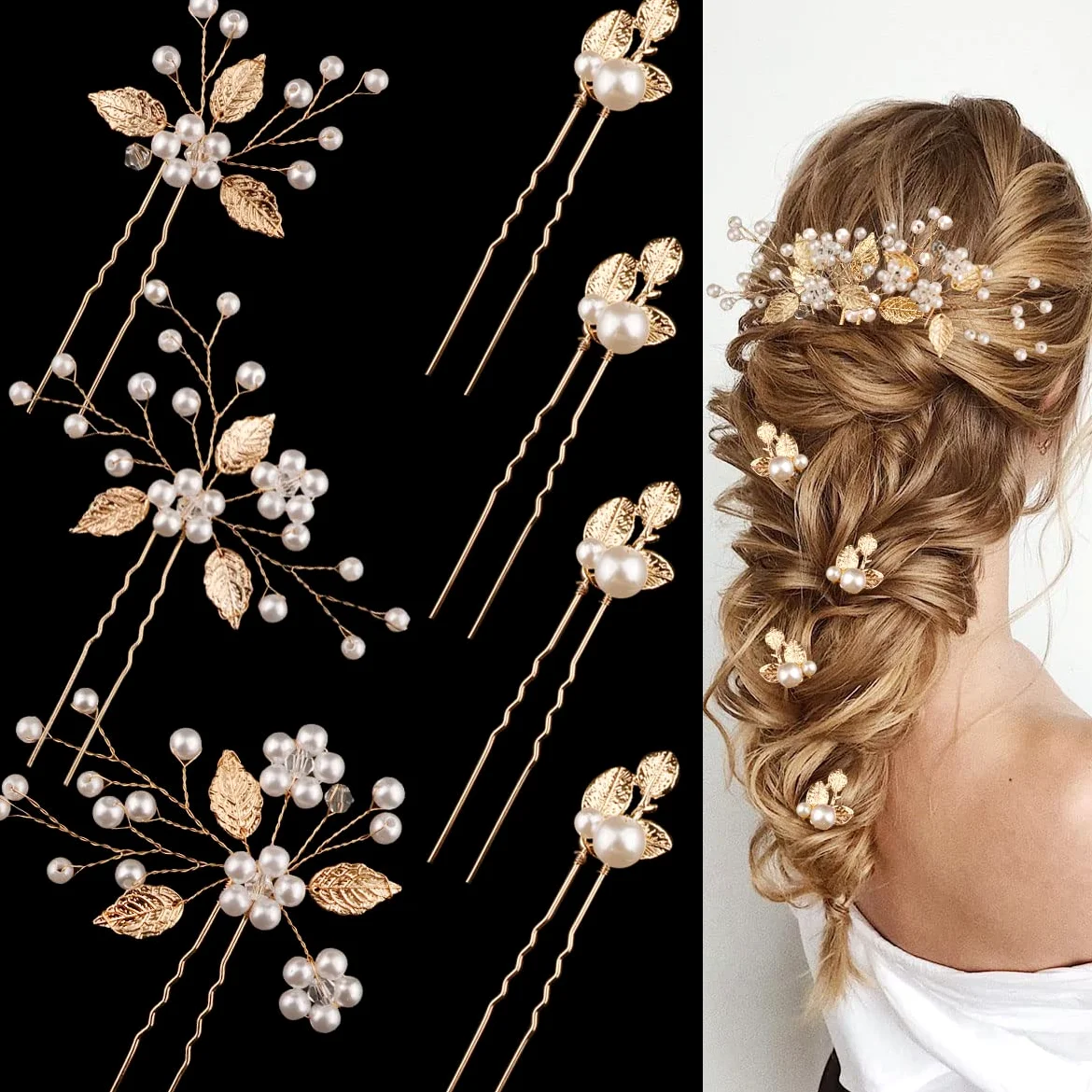 7 forcine per capelli da sposa con foglie dorate e perle per acconciature da sposa e per acconciature da sposa, accessori per capelli per fiori, accessori per capelli per spose damigelle e ragazze