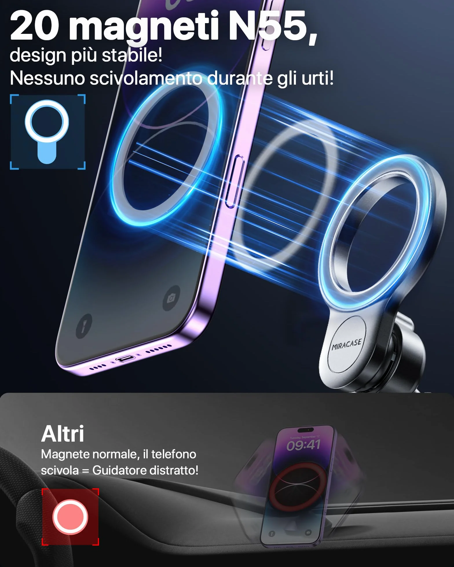 Miracase Porta Cellulare Auto con MagSafe Magnetico Gancio in Metallo per Cruscotto e Presa d'Aria