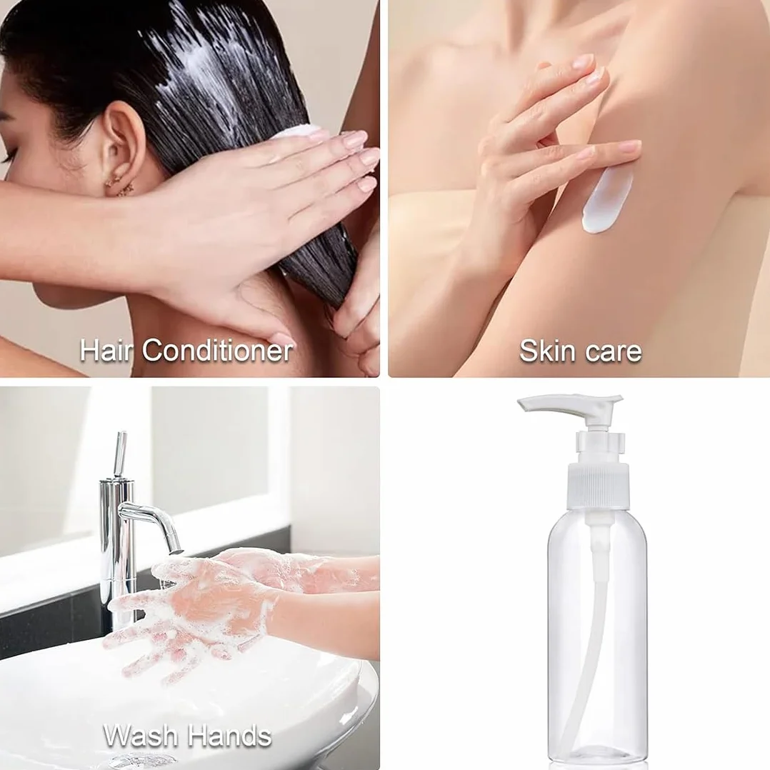 4 Pezzi Flaconi da Viaggio, 100 ml Bottiglie da Viaggio Trasparenti, Pompa da Viaggio in Plastica Dispenser, Boccette Contenitori Ricaricabile, per Cosmetici, Lozione, Bagno, Shampoo Liquidi