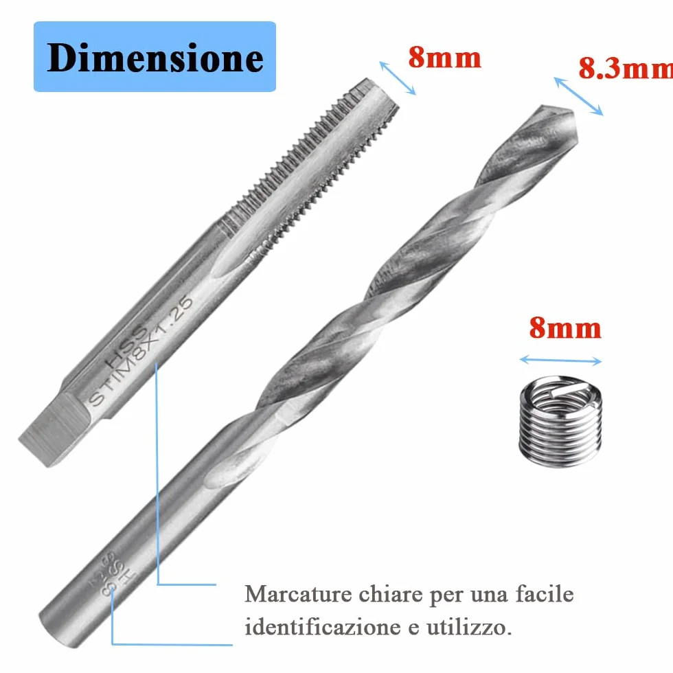 Mesee Kit Riparazione Filettatura M8 Acciaio Inossidabile, Strumenti Filettatura con Trapano Maschio Chiave Inserti per Automotive