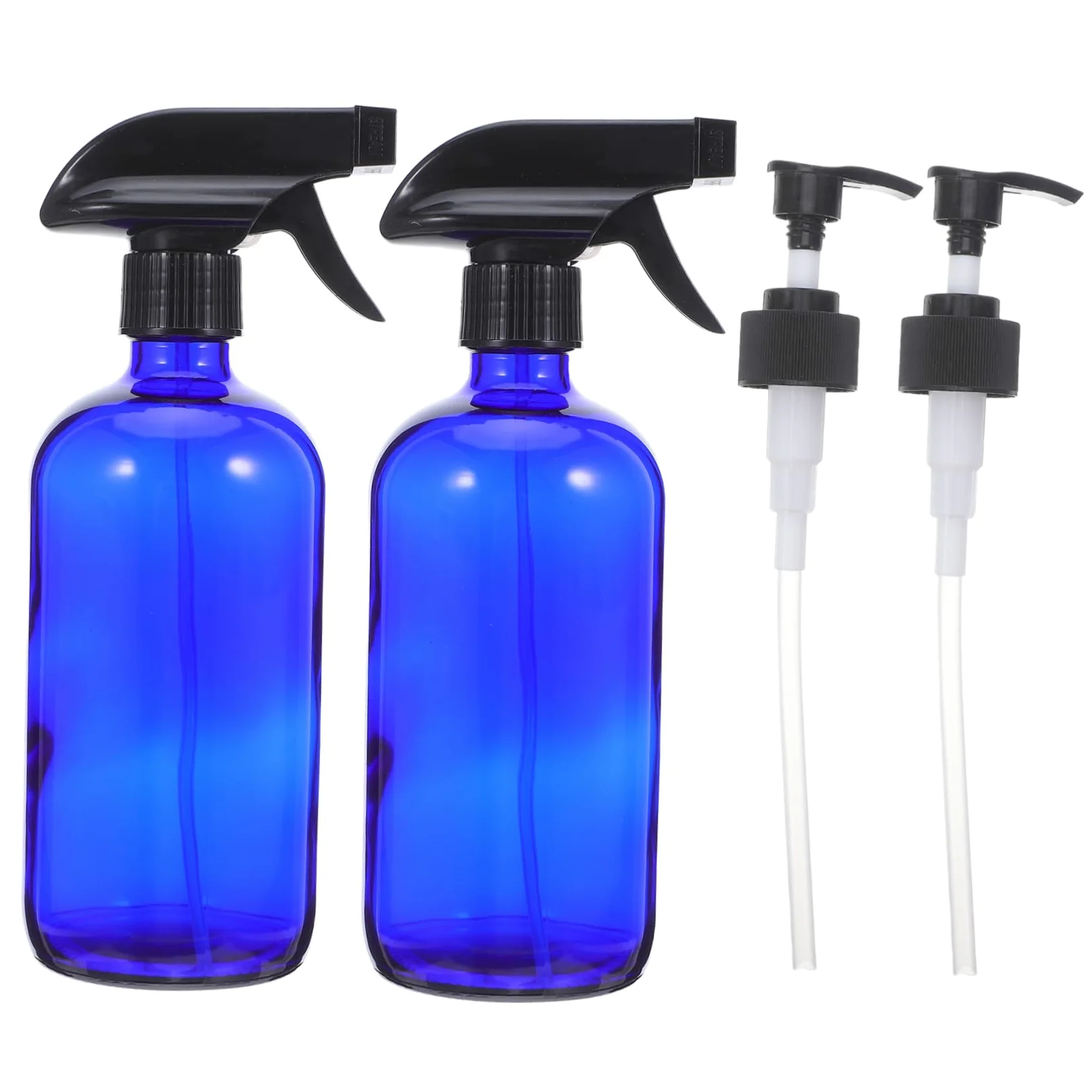 OUNONA Bottiglia Spray in Vetro Blu da 500ml Ricaricabile, 2 Pezzi | Pompa e Tappi Inclusi, per Viaggio e Profumo, Leggero e Riutilizzabile