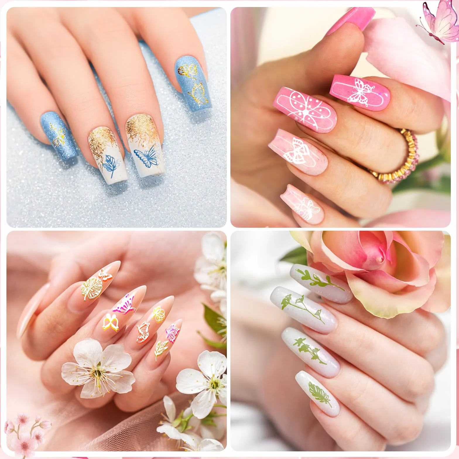 JSRQT 6 Pezzi Piastre per Nail Art, Farfalla Fiore Piuma Foglie Set di Nail Art Stamping Stampini, Piastre per Nail Art in Metallo, Modelli di Stencil per Unghie per Donne Manicure Art Fai da Te