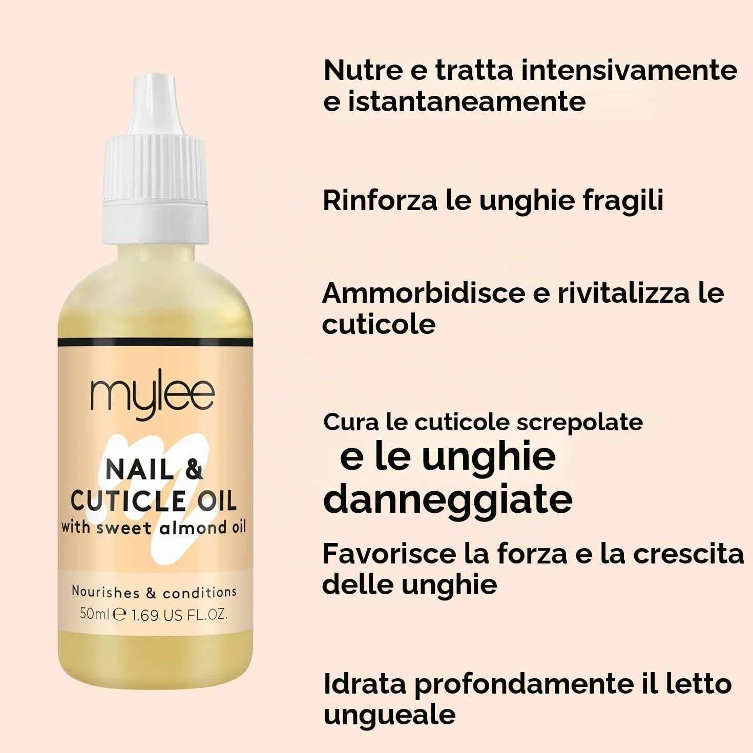 Mylee Olio per Unghie e Cuticole alle Mandorle Dolci 50ml – Olio Balsamo Profondamente Idratante e Nutriente, Formula non Grassa e Senza Residui, Non Unge, Delicatamente Profumato
