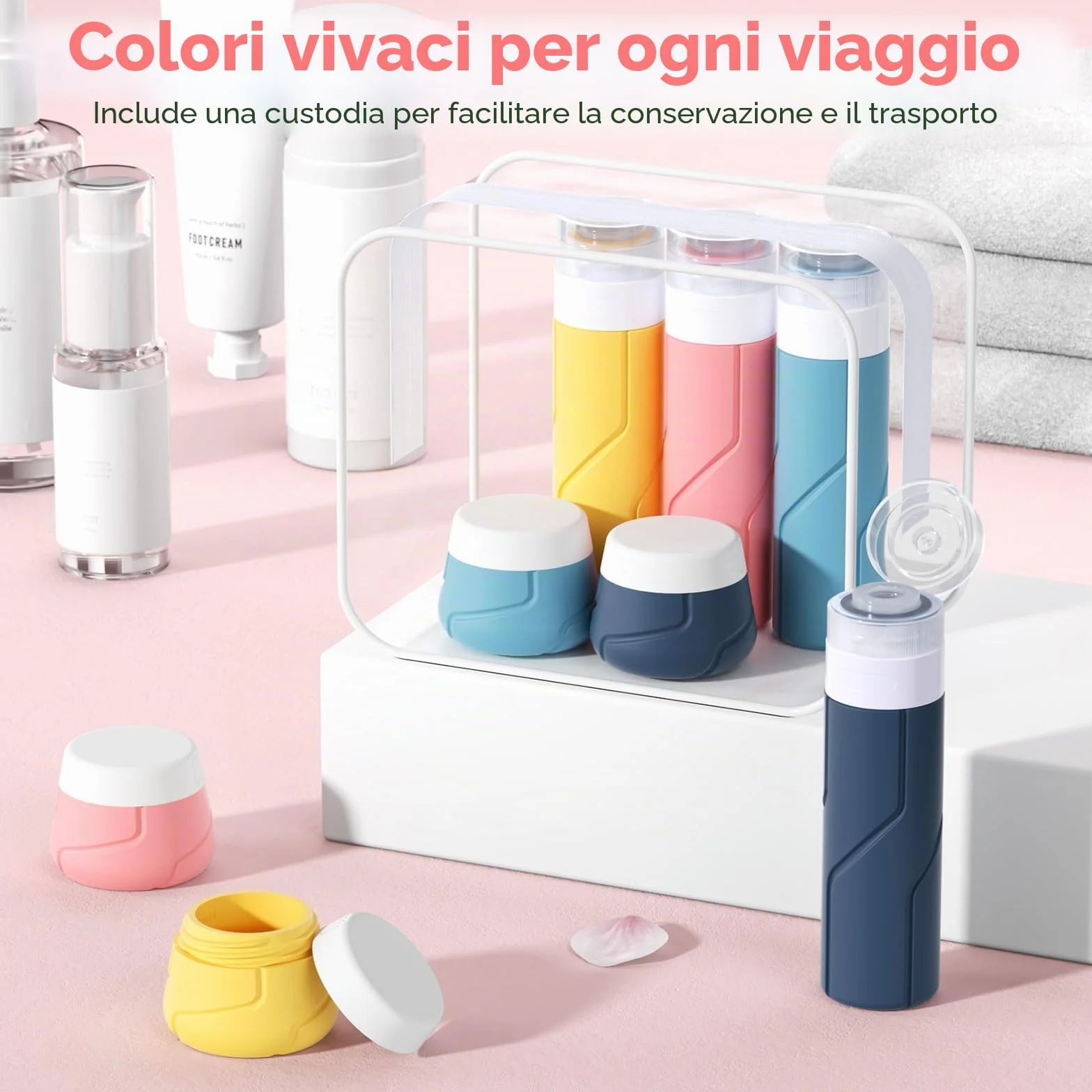 Alyvisun Set 14 Contenitori da Viaggio in Silicone, Flaconi 100 ml & Vasetti 30 ml, Kit Liquidi Antiperdita Ricaricabile per Shampoo, Lozione, Creme