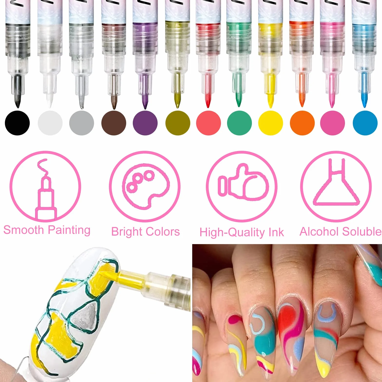 12 Pezzi 3D Nail Art Pen, Owelth Smalto in Penna per Pittura Decorazioni Unghie per Disegno, Penna per Fai Da te Graffiti Pen Manicure Strumenti Bellezza Adorna Regalo per Halloween Natale
