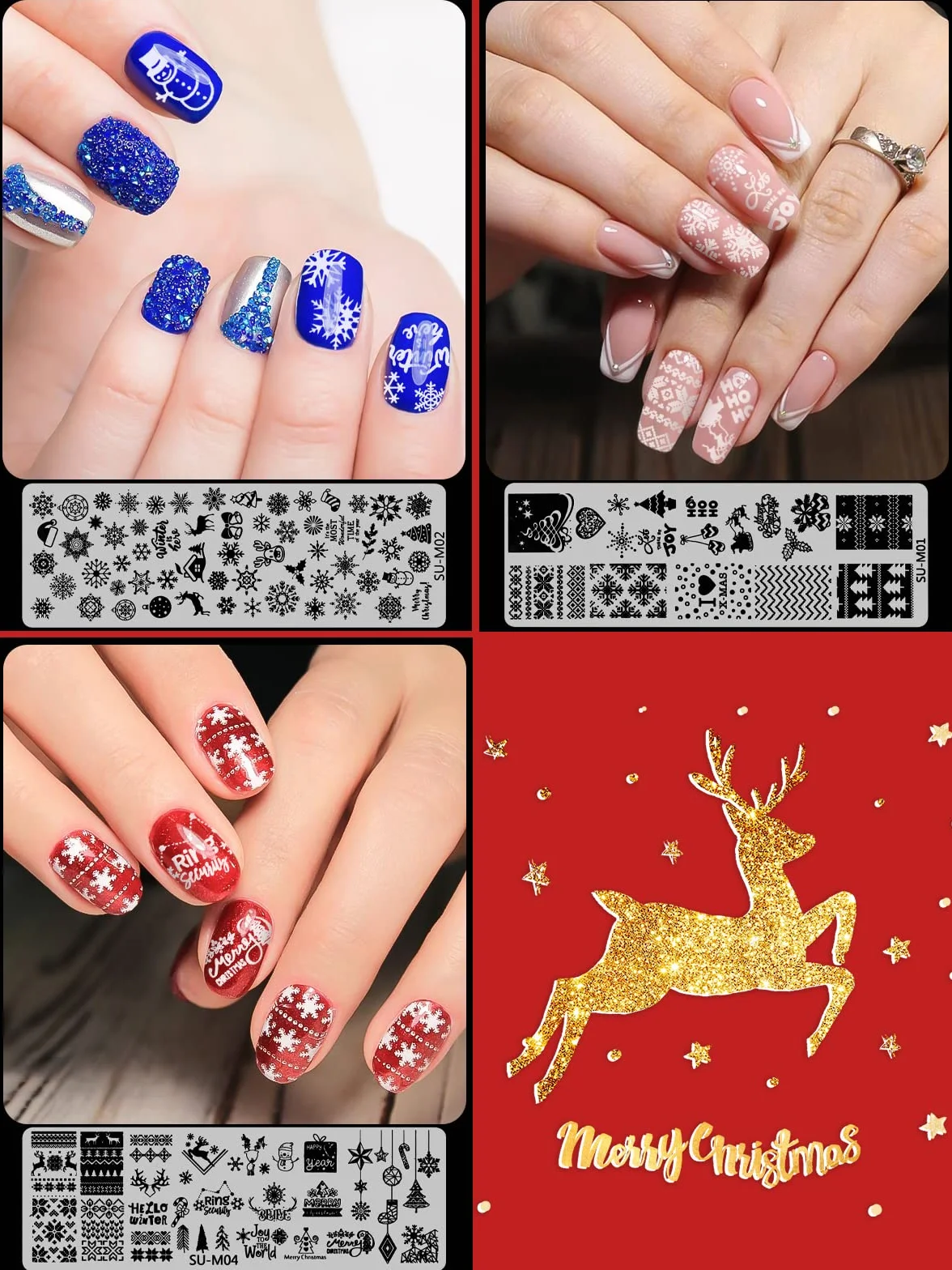 EBANKU 6 pezzi Set di Nail Art Stamping Stampini, Piatti per Timbri per Unghie Renna Fiocco di Neve Albero di Natale Disegni Manicure con 1 Timbro + 1 Raschietto + 1Borsa Portaoggetti