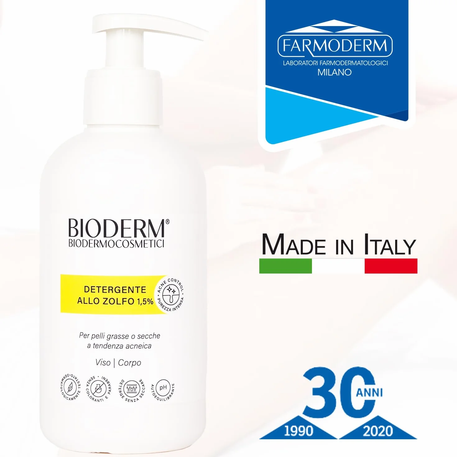 Bioderm S Detergente allo Zolfo 1,5% – Detergente Viso e Corpo per Pelle Grassa e Impura, Acne e Punti Neri – Azione Purificante e Sebo-Normalizzante – 300 ml con Erogatore