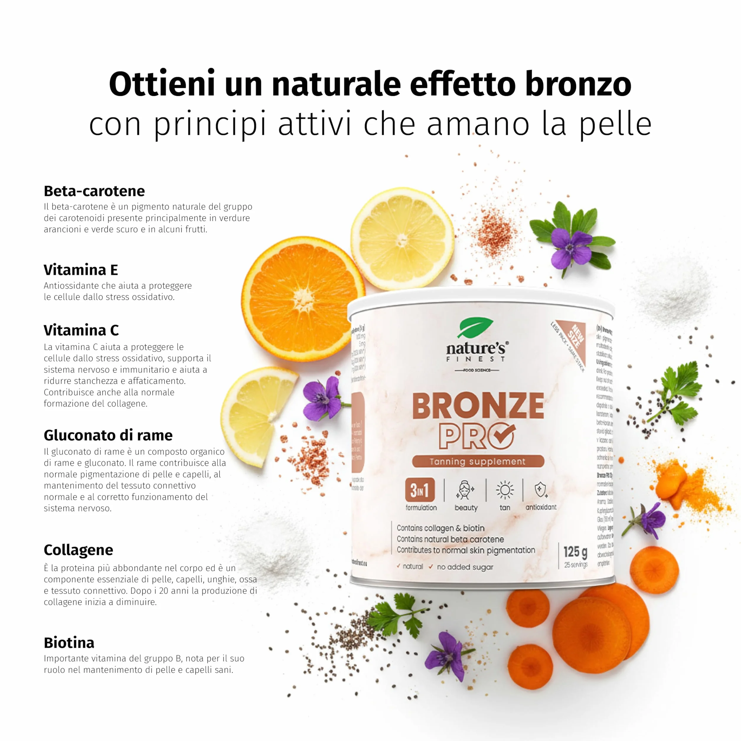 Nature's Finest Bronze PRO - Integratore Solare con Betacarotene Ultra Attivo - Abbronzante da Bere per Corpo e Viso - Acceleratore Naturale, Autoabbronzante, Protezione Solare - 125 g