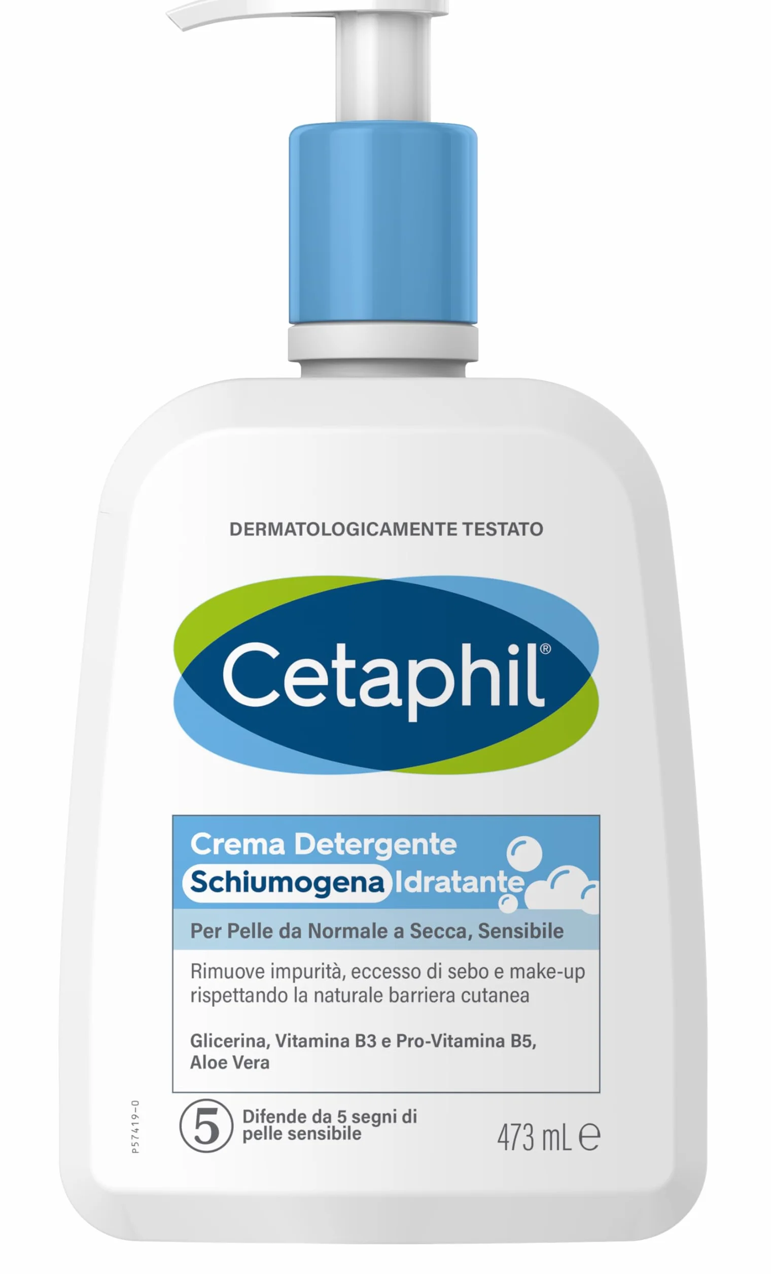 Cetaphil Detergente Viso Schiumogeno Idratante, per Pelle Normale, Secca e Sensibile, con Aloe Vera, Effetto Lenitivo, Senza Profumo, Formato 473 ml