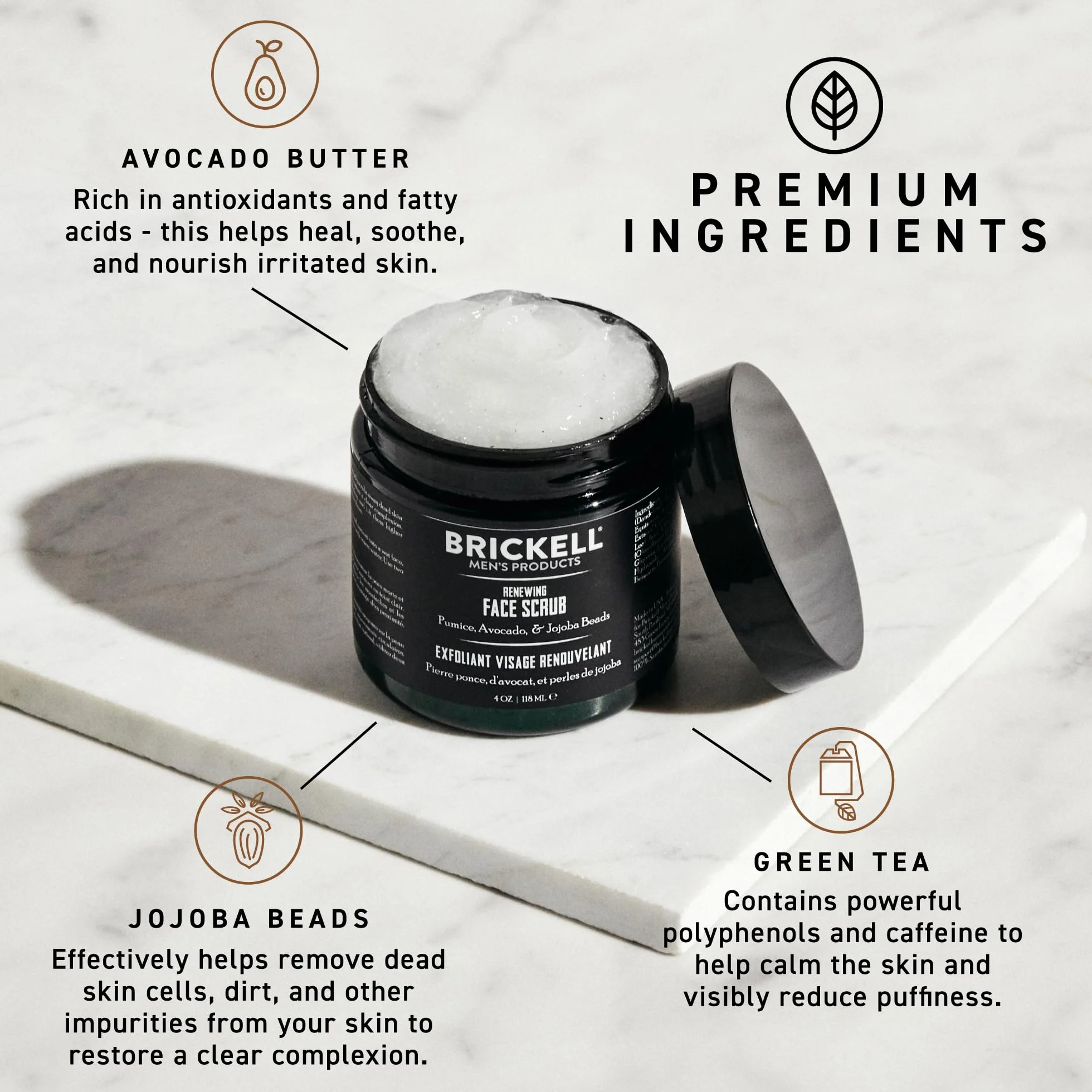 Brickell Men's Scrub Viso Rinnovatore per Uomo, Naturale e Biologico, Scrub Viso Esfoliante Formulato con Perline di Jojoba, Extra di Caffè e Pomice, 118ml, Profumato