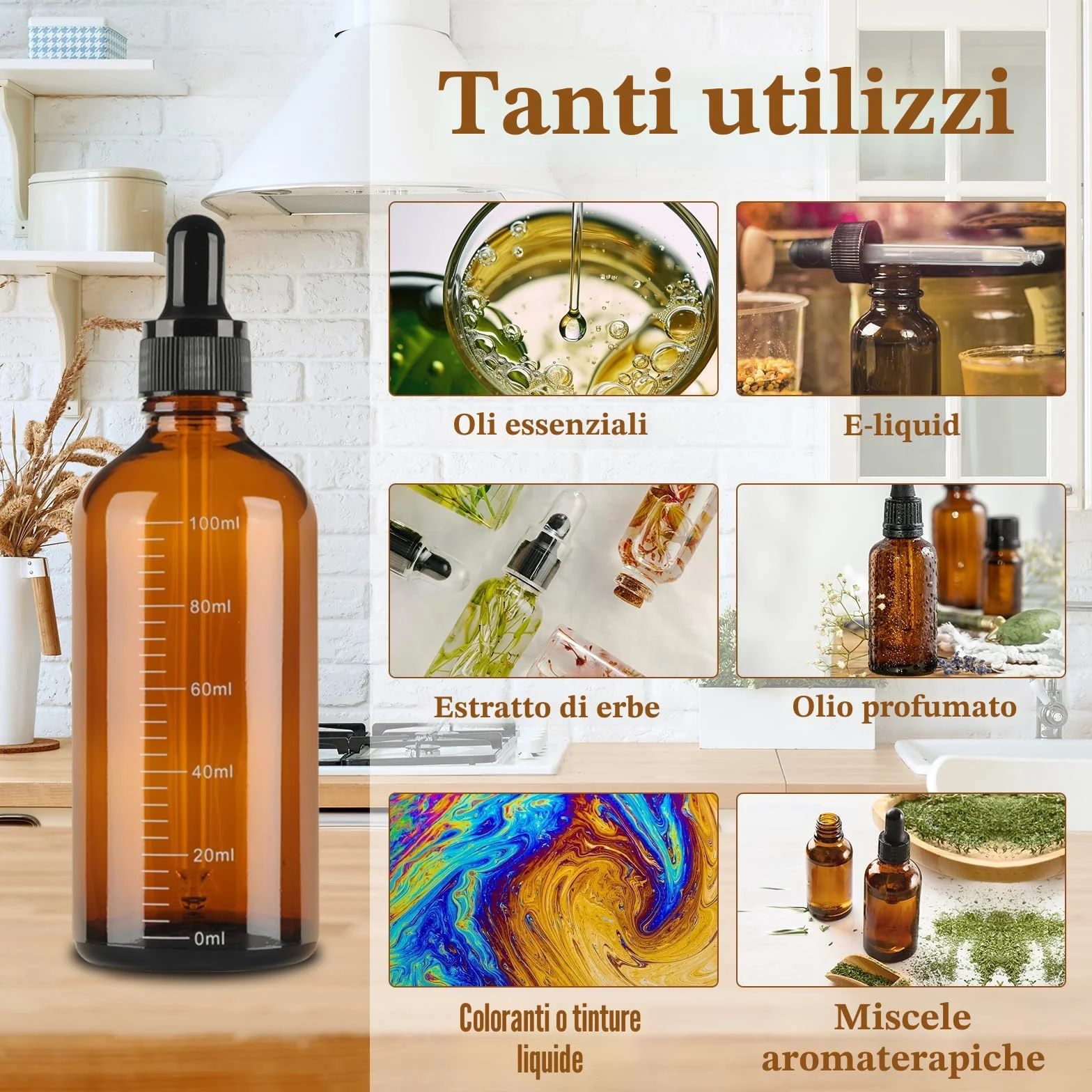 6 Pezzi Contagocce Vetro 100ml, Marrone Bottiglie Contagocce in Vetro, Flaconi Contagocce con 2 Imbuti 2 Pipette Contagocce 1 Adesivo, Flaconi Ricaricabili per Laboratorio Olio Essenziale