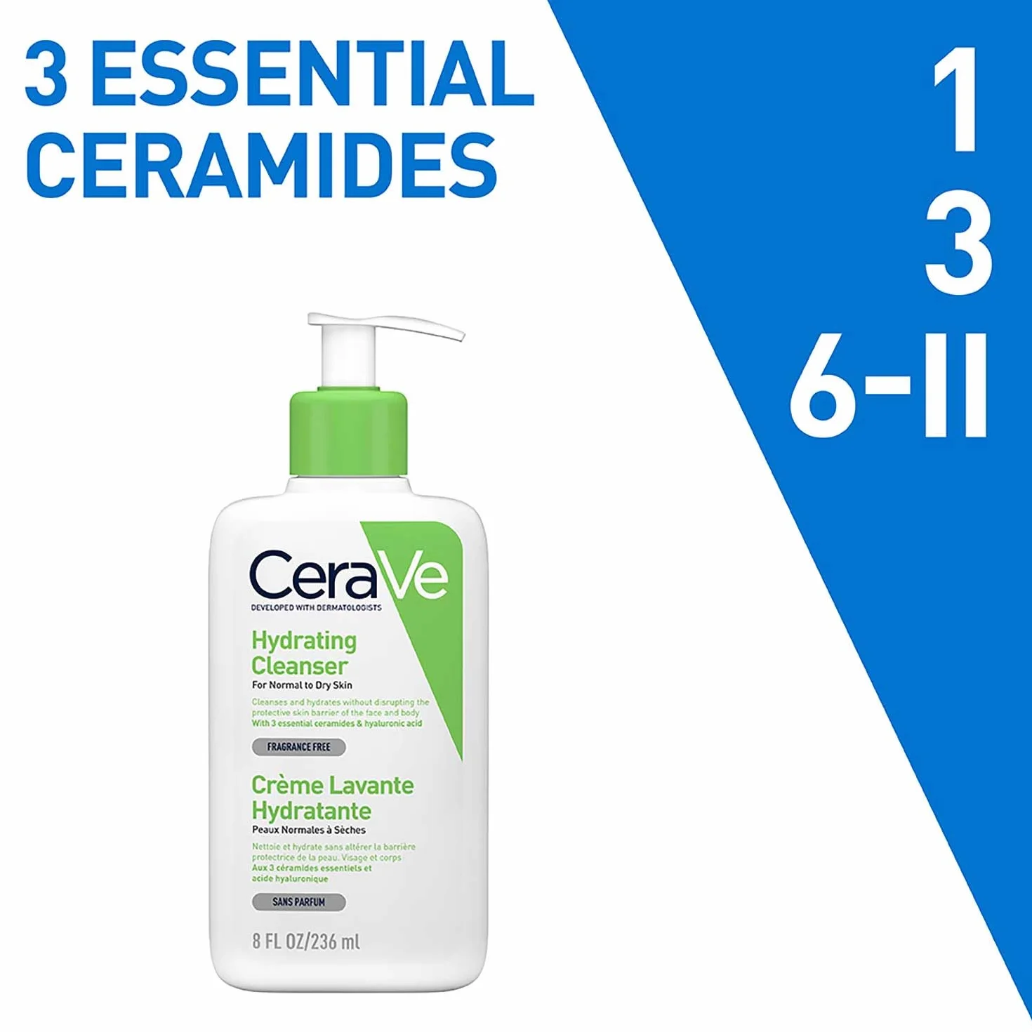 CeraVe lozione detergente idratante per pelli da normali a secche, pulizia delicata per il corpo e il viso, con 3 ceramidi essenziali e ialurone 236 m