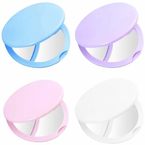 Set di 4 Specchietti da Borsetta a Doppia Faccia in Colori Tenui Azzurro, Viola Chiaro, Bianco, Rosa
