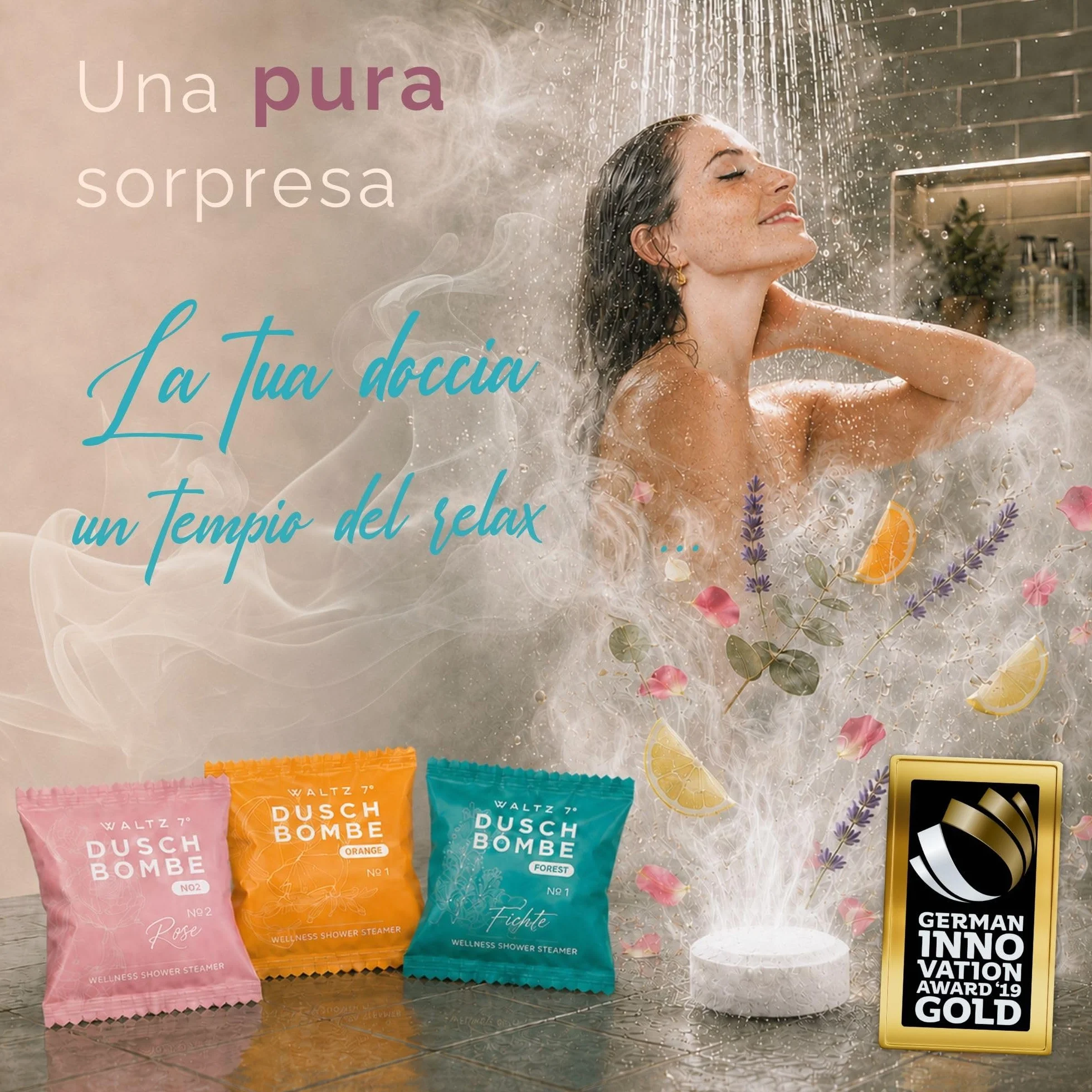 WALTZ 7 Bombe da Doccia Originali, 6 Pezzi con 6 Fragranze, Qualita dall Europa, Pastiglie da Doccia agli Oli Essenziali, Piccolo Regalo Donna, Uomo, Set Benessere per il Relax