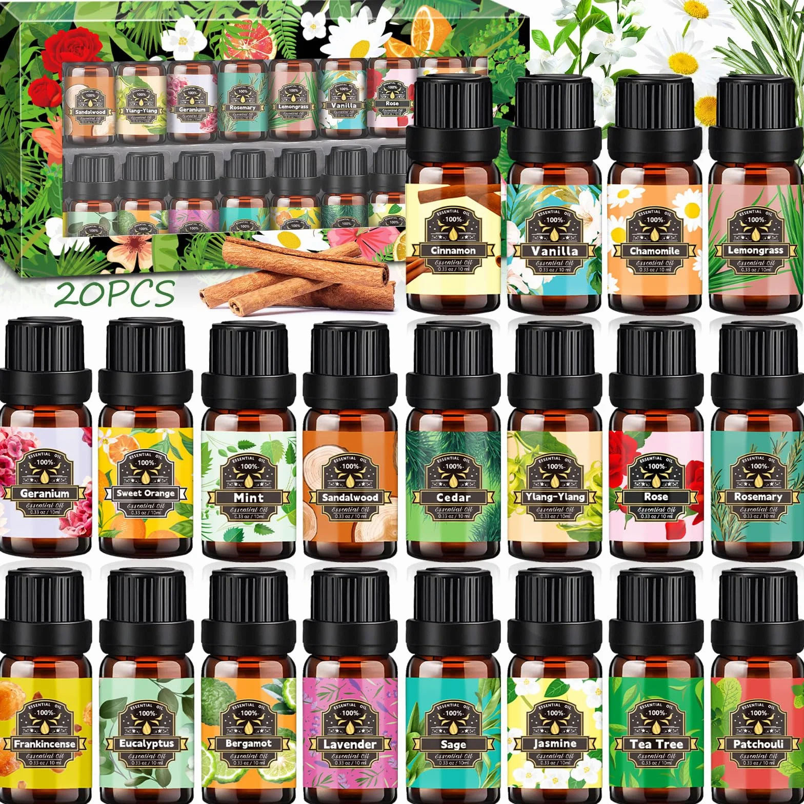 Set di oli essenziali, 20 x 10 ml, oli essenziali per diffusore, diffusore di aromi, puramente naturale, per sapone, candele, cosmetici, lavanda, eucalipto, bergamotto, rosa