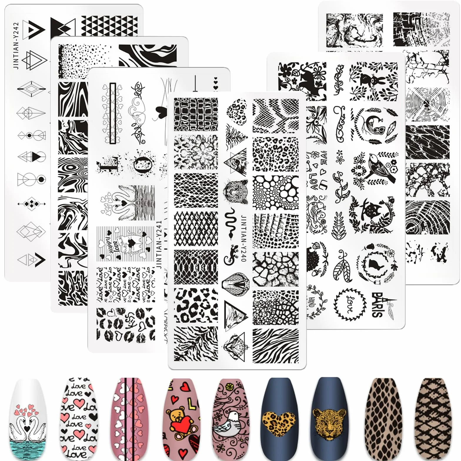 MWOOT 6 Pezzi Stamping Nail Art, Stampa Cuore Geometria Linee Animale Stencil Unghie Nail Art, Unghie Piastre Manicure Nail Piastra, Unghie Timbro Scraper Piatti Templates per Decorazione Unghie