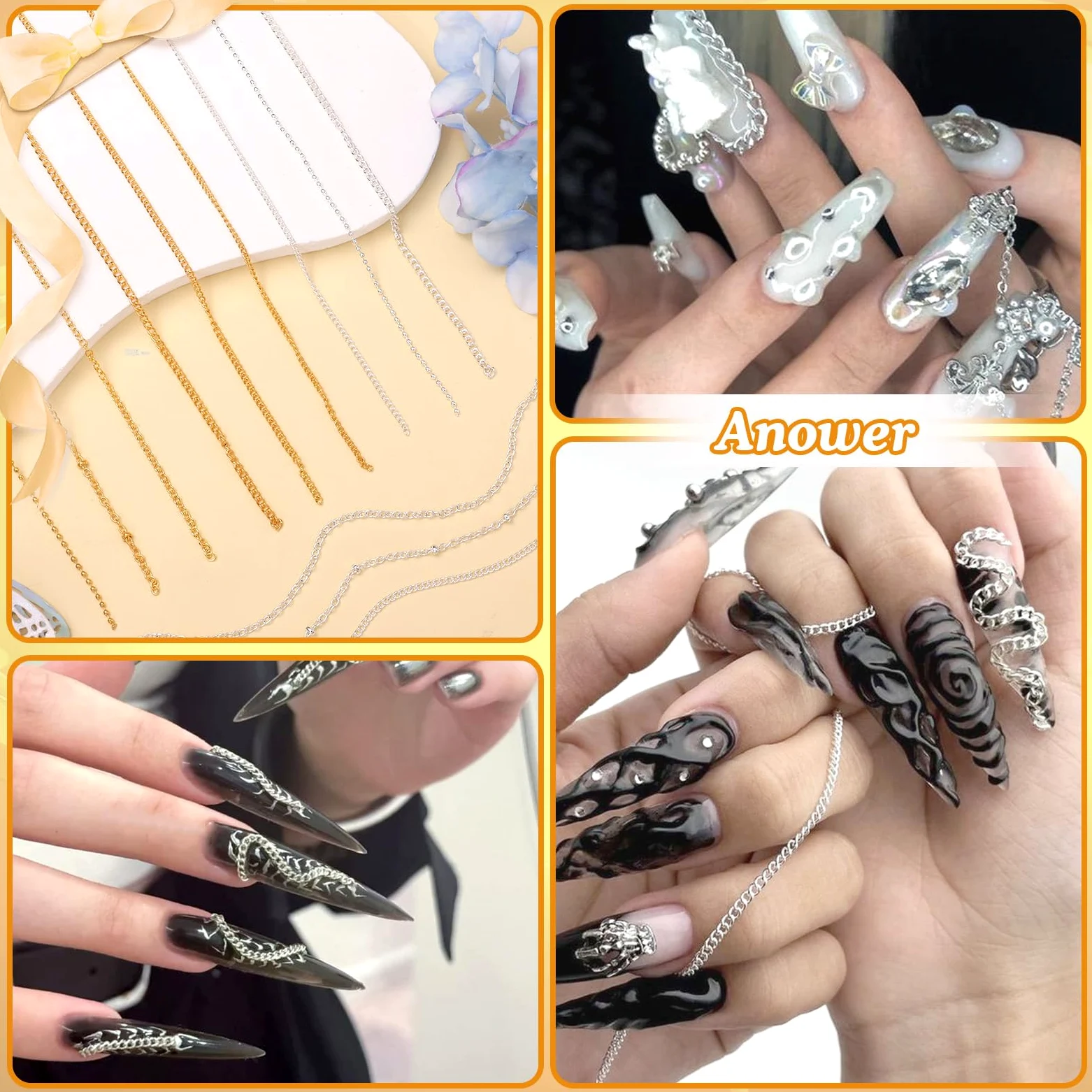 12 strisce di catene per nail art e perline in metallo per unghie (argento + oro) per nail art acrilica, catene dorate, piccole gemme rotonde per manicure fai da te accessori