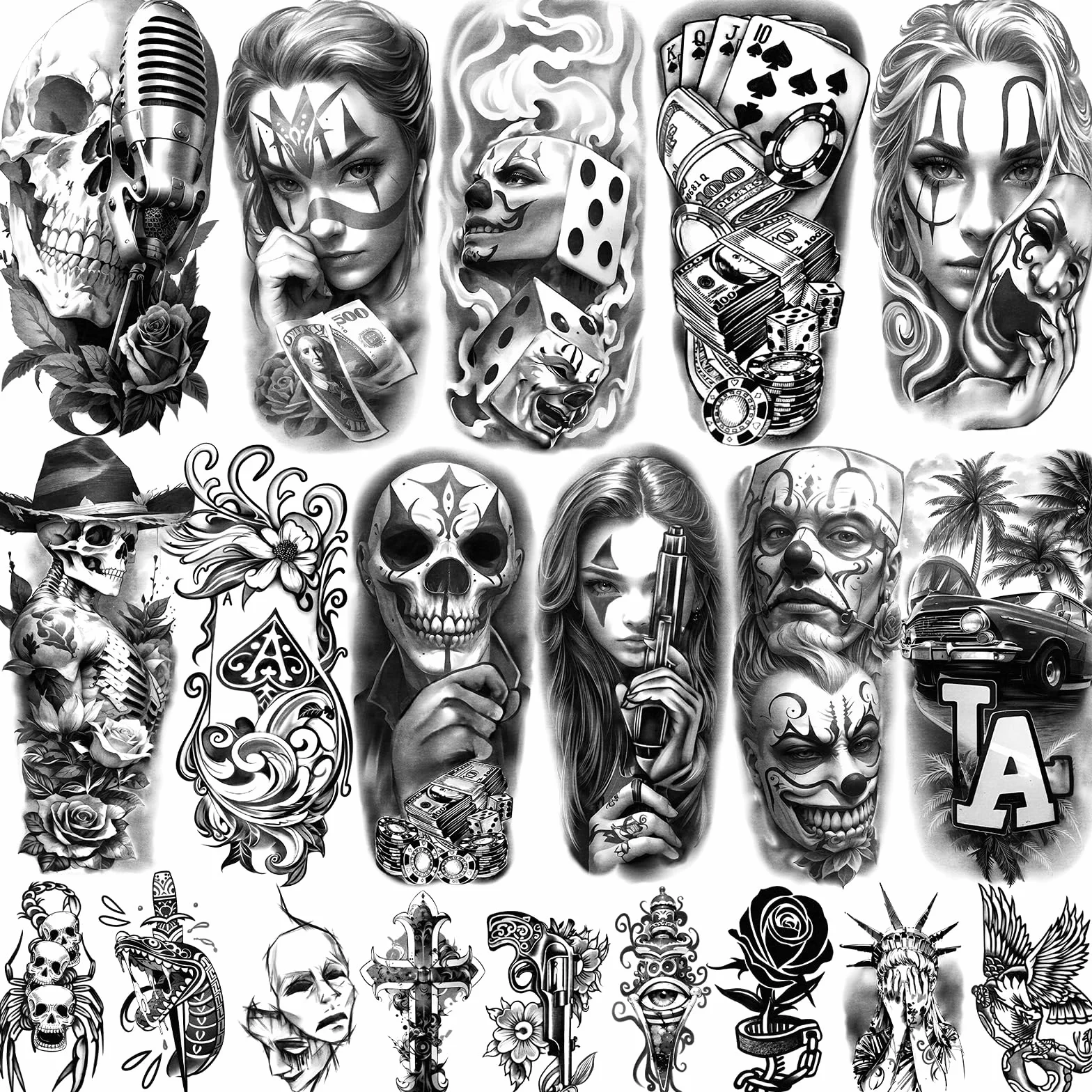 77 Fogli Tatuaggi Temporanei, Tatuaggi Finti Chicano Guadalupe Gangster Prigioniero Giorno dei Morti, Cultura Lowrider Messico Clown Tatuaggio Finto per Uomini Donne Adulti