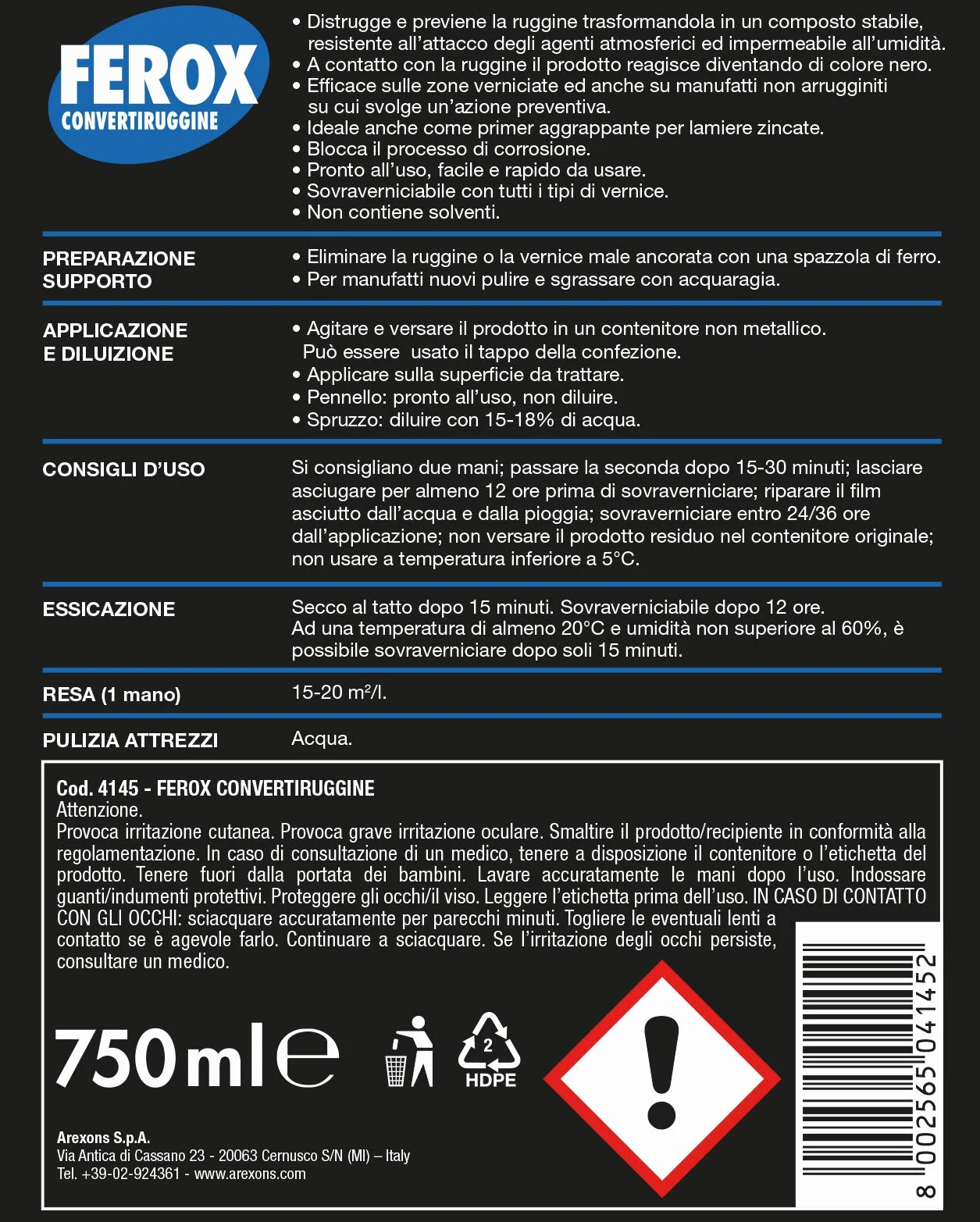 AREXON FEROX CONVERTIRUGGINE 750 ml trattamento rimozione ruggine protezione superfici ferro