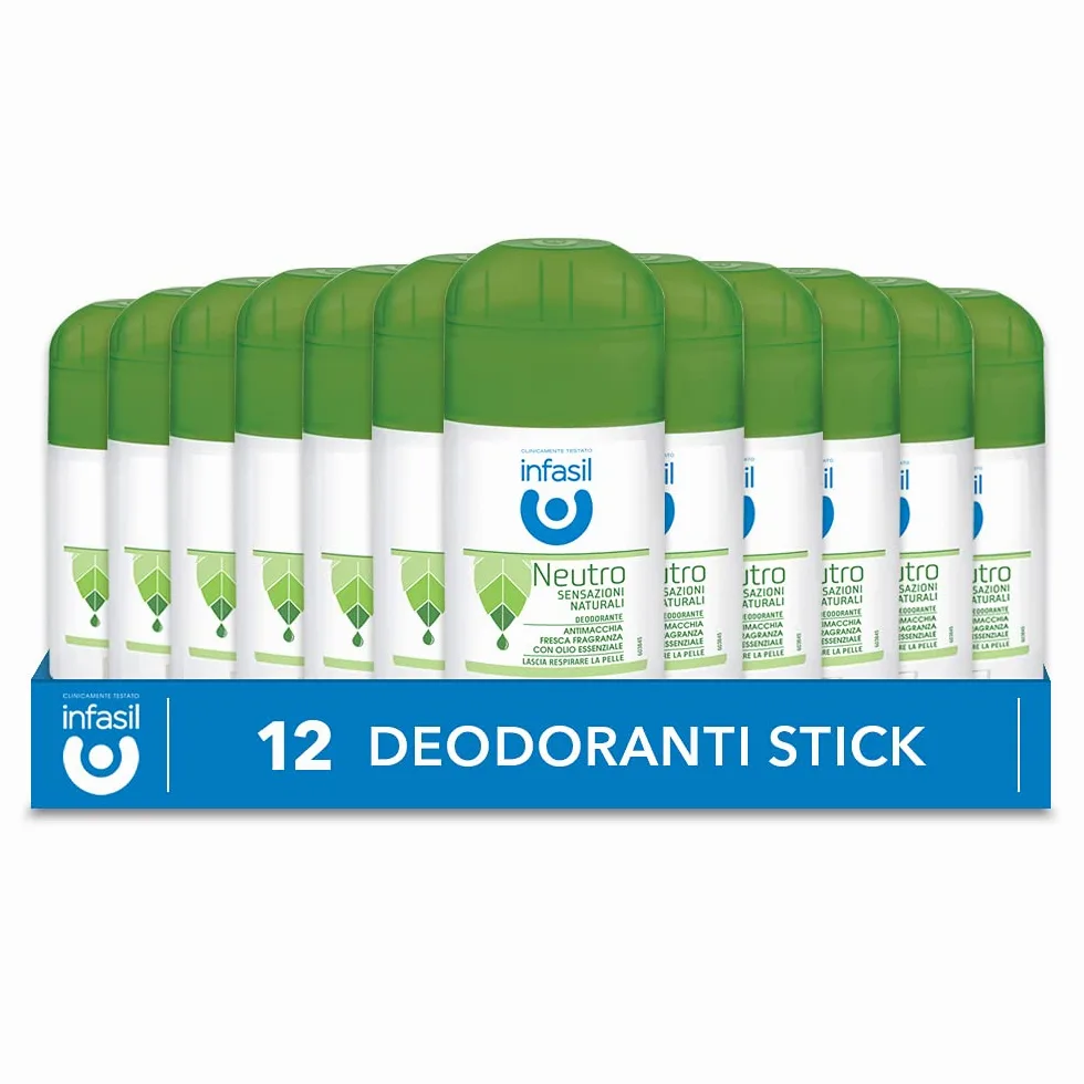Infasil Neutro Sensazioni Naturali, Deodorante, 12 Deodoranti da 50 ml | Stick Antimacchia Senza Sali di Alluminio, Efficace fino a 24H, Fragranza con Olio Essenziale, Delicato sulla Pelle