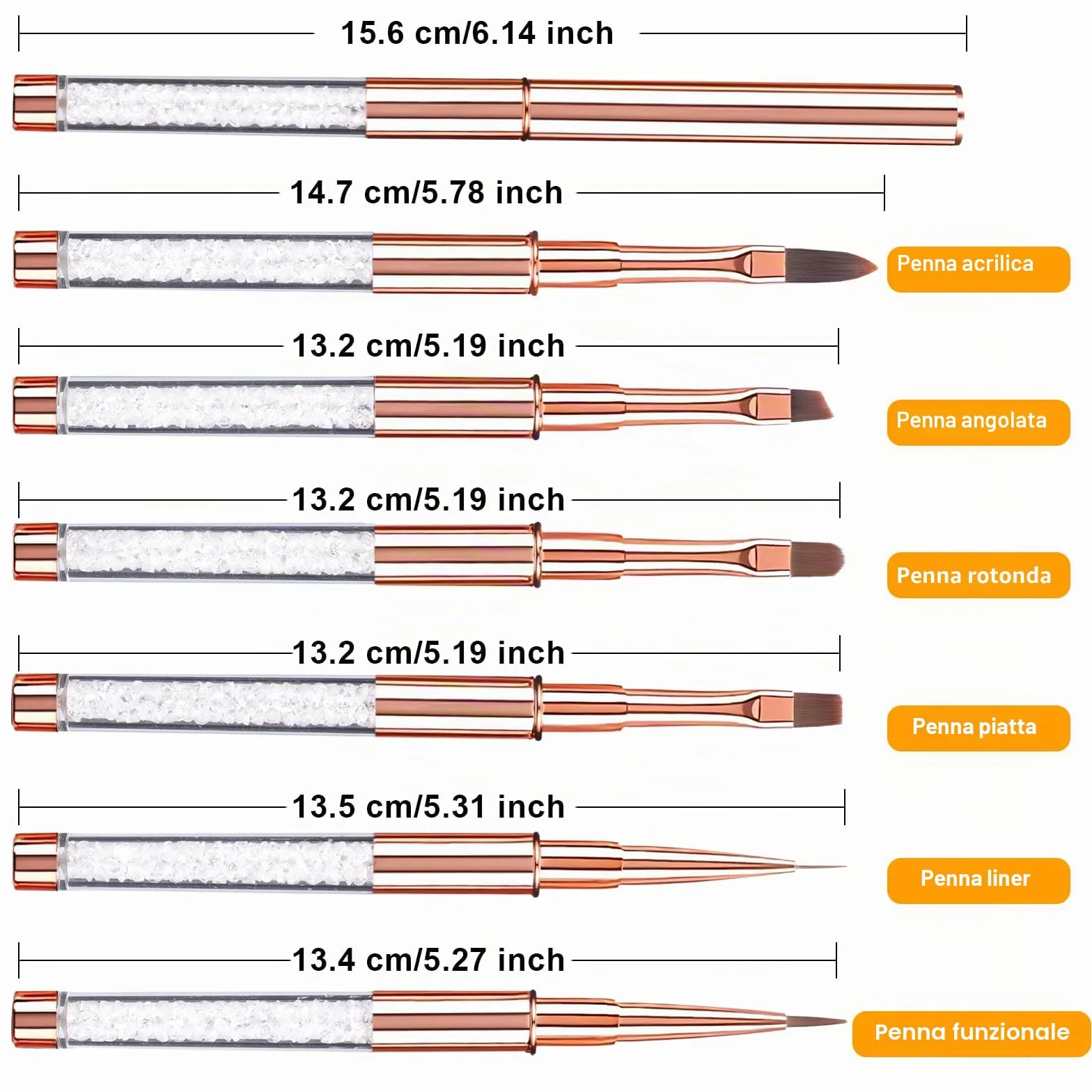 6 Pezzi Pennelli per Unghie, Penelli Unghie Professionali Set, con Manico con Strass e Setole in Nylon per principianti professionisti
