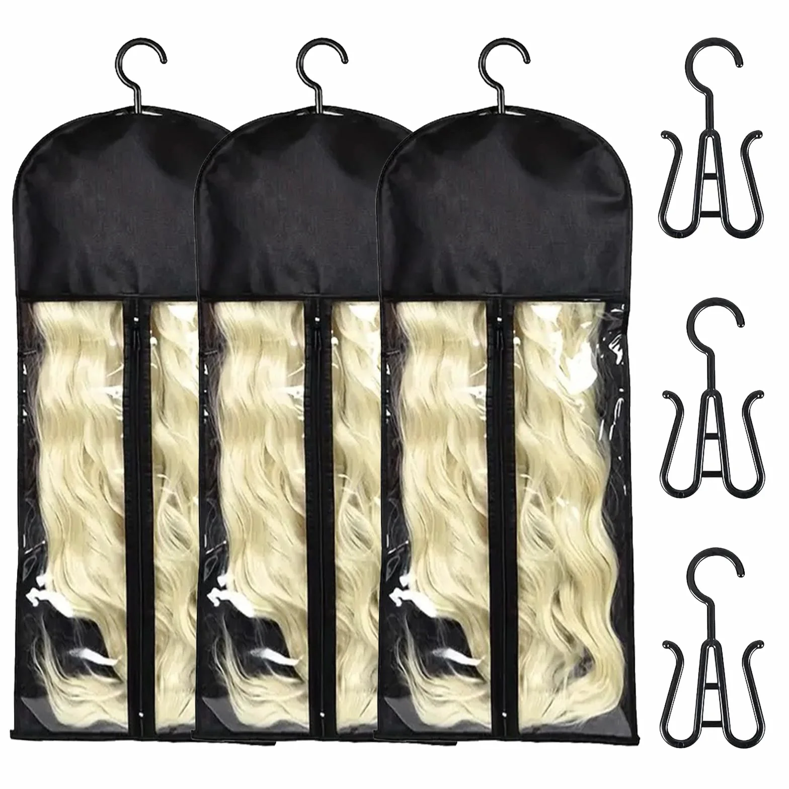 TYXHXTF 3PCS Sacchetto Porta Parrucche, Borsa per la Conservazione Parrucche, Portatili Custodia Antipolvere Parrucche con Cerniera per Capelli(Nero)