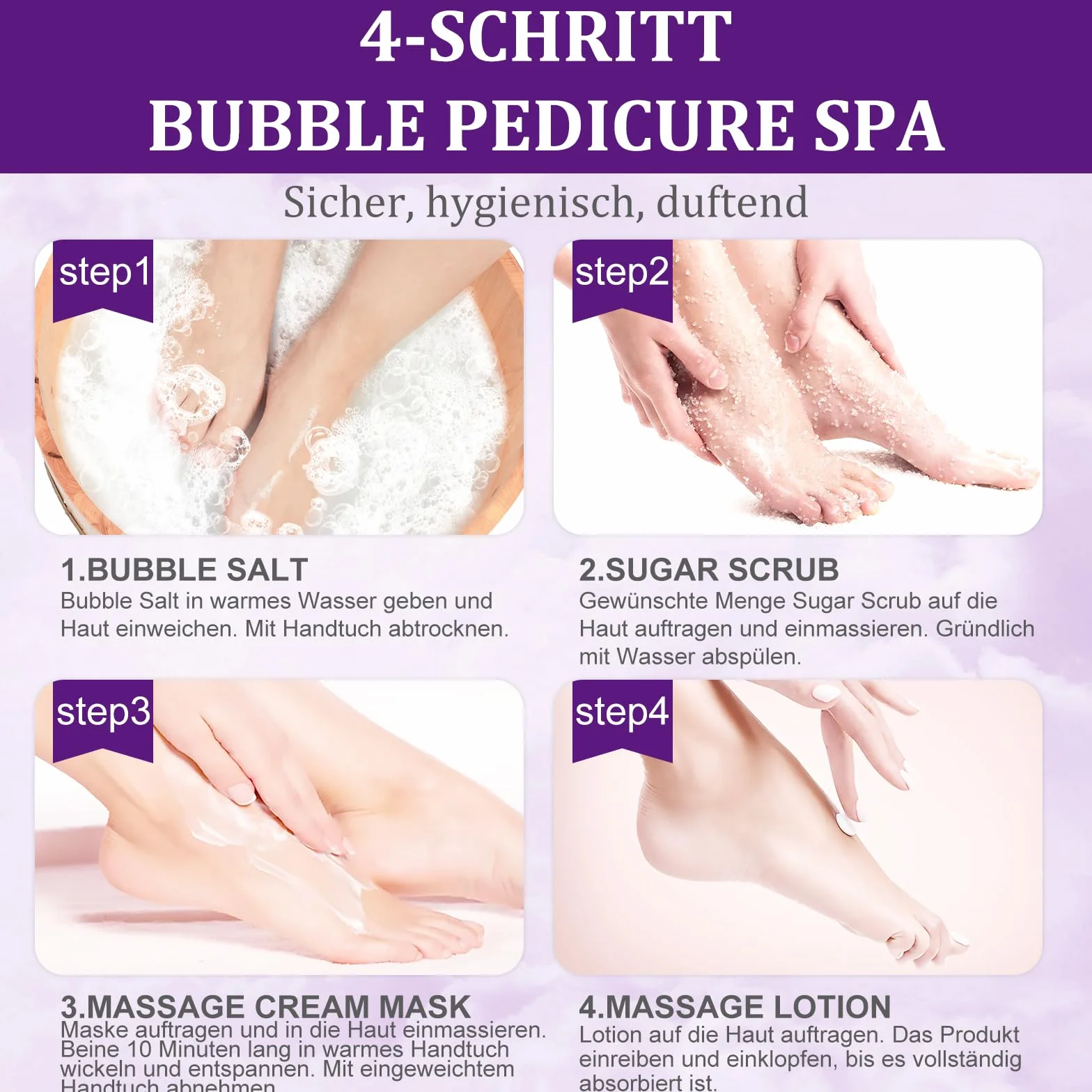 Set per bagnare i piedi: sale da bolla, scrub allo zucchero, maschera per massaggio, lozione per massaggi in una scatola, kit spa per piedi asciutti a 4 fasi, ammorbidisce calli, piedi