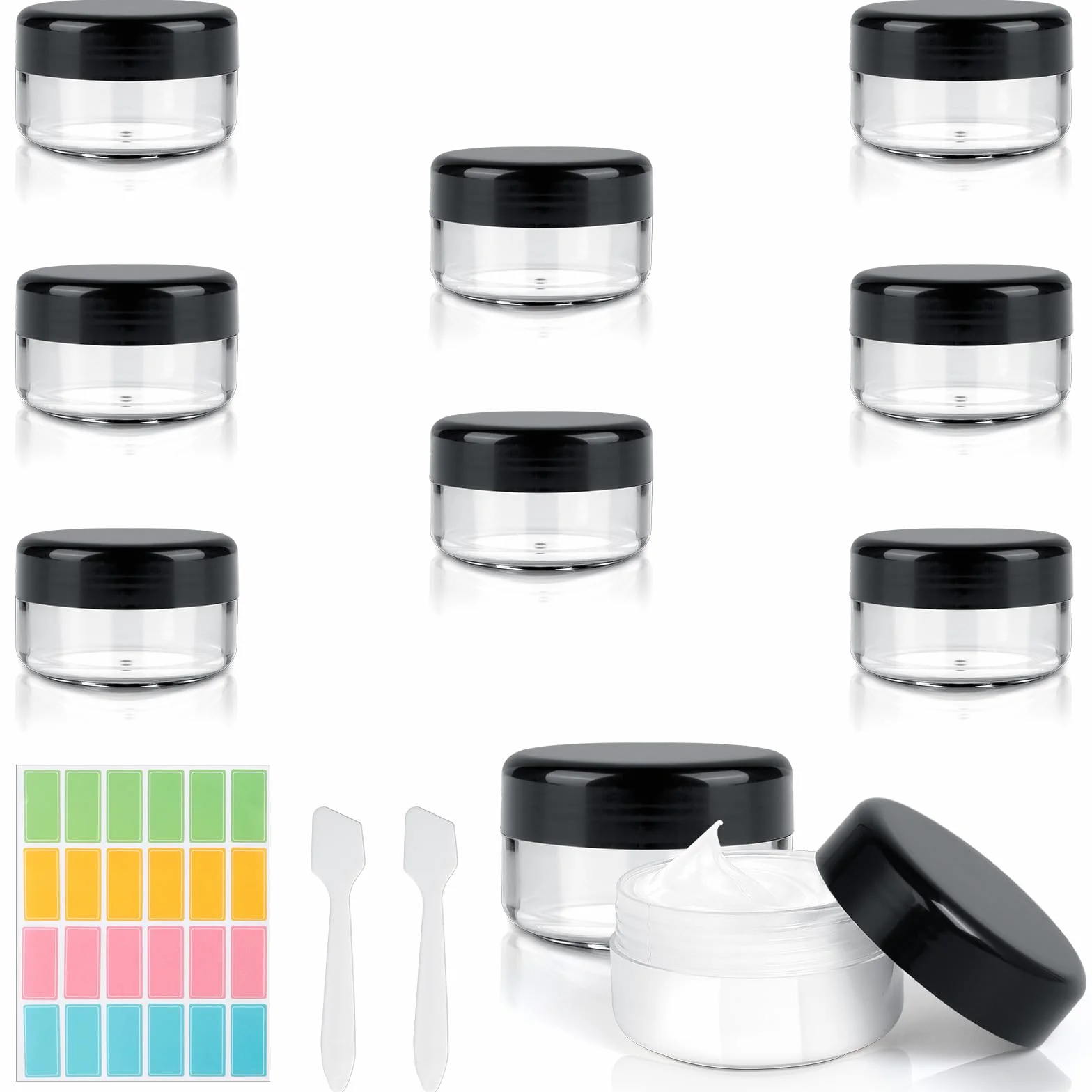 AiQInu 8 Pezzi Contenitori da Viaggio 30ml, Contenitori Creme da Viaggio Trasparente, Vasetti Plastica Cosmetico con 6 raschietto 24 adesivi