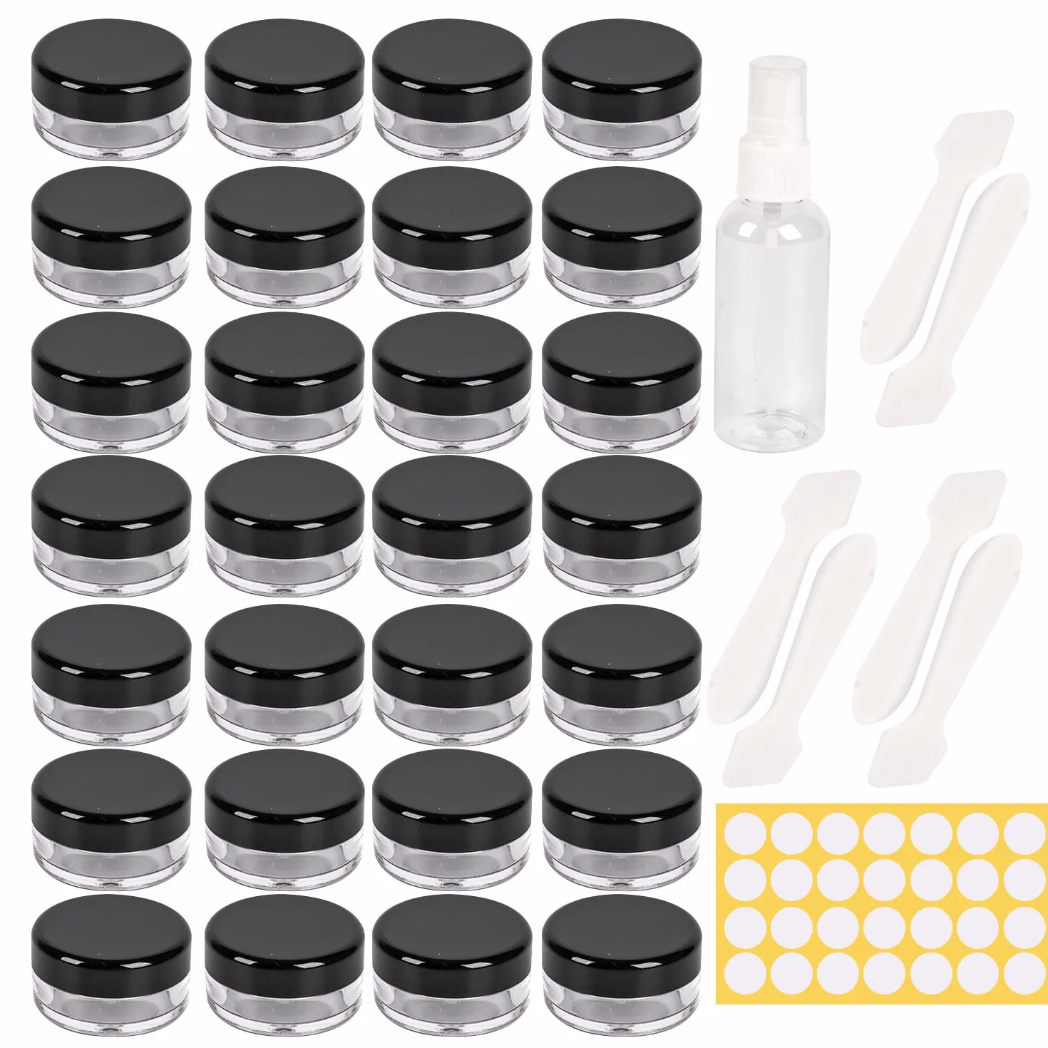 70 pezzi 5 ML contenitori cosmetici vuoti +6 pezzi di raschietto + 1 pezzo di flacone spray + 80 pezzi di adesivi,vasetti plastica