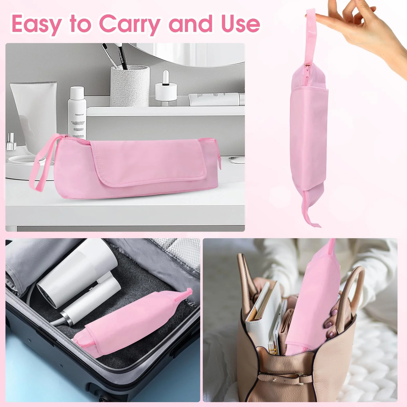 Gugxiom Borsa da viaggio per acconciature con base resistente al calore, borsa 2 in 1, grande capacità per arricciacapelli, piastre per capelli, asciugacapelli e spazzole ad aria calda (rosa)