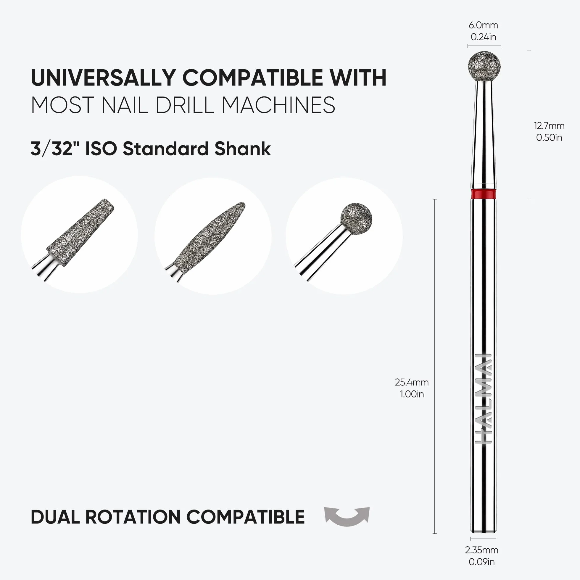 HALMAI Set 3 Frese per Unghie 3/32" Punte Diamantate per Lima Elettrica Manicure Pedicure