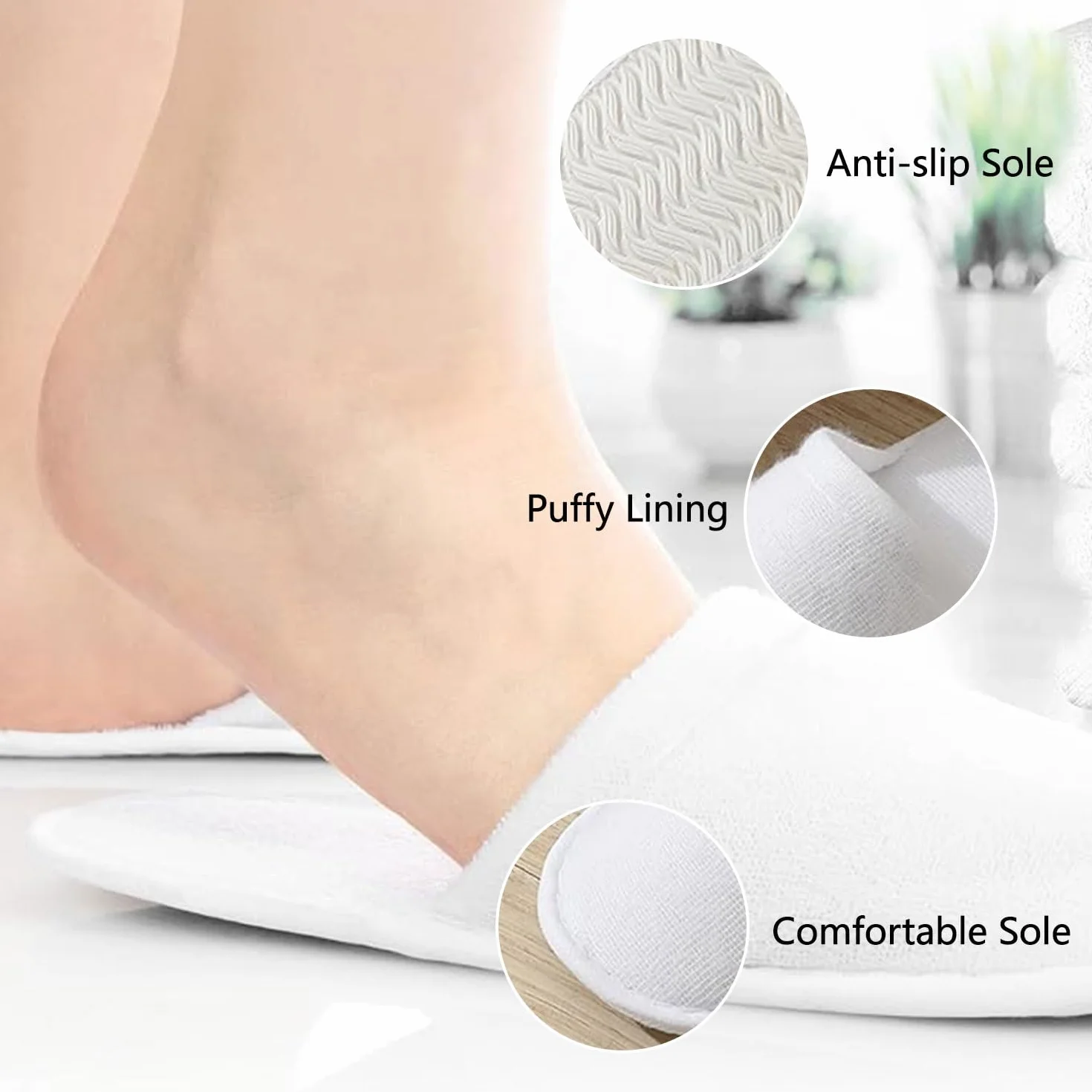 Pantofole Usa e Getta Antiscivolo, Pantofole Chiuse, Pantofole in Spugna Premium, Ciabatte Monouso per Hotel, Spa, Casa, Viaggi, Feste, Famiglie, Unisex, Lavabili, Misura Universale, 2 Paia (Bianco)