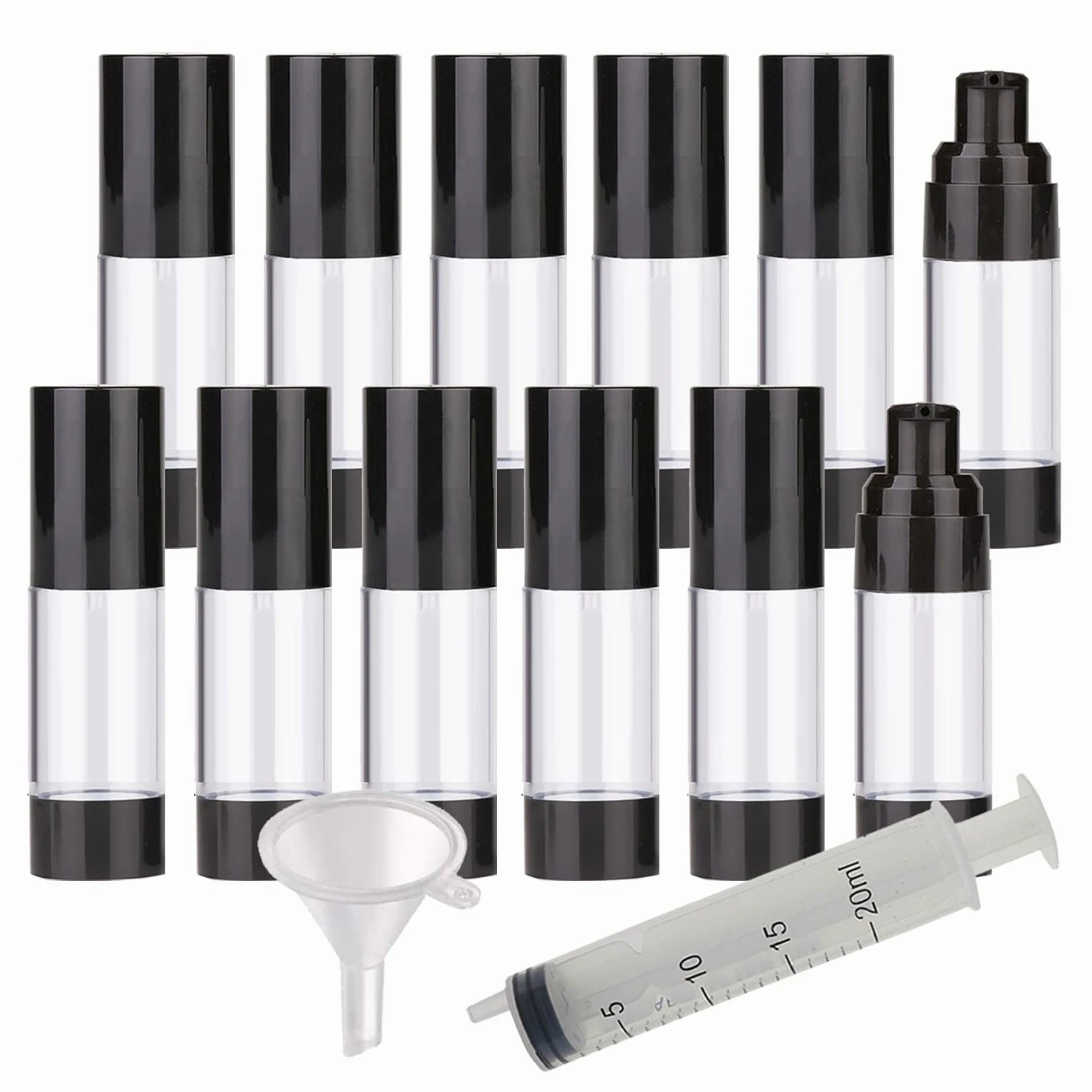 TIANZD 12 Pezzi 30 ml Plastica Bottiglie Airless Dosatori per Cosmetici, Nero Trasparente Bottiglie di Pompa Ricaricabile per Gel Dispenser, Flacone Contenitori per Liquidi Viaggio con Siringa