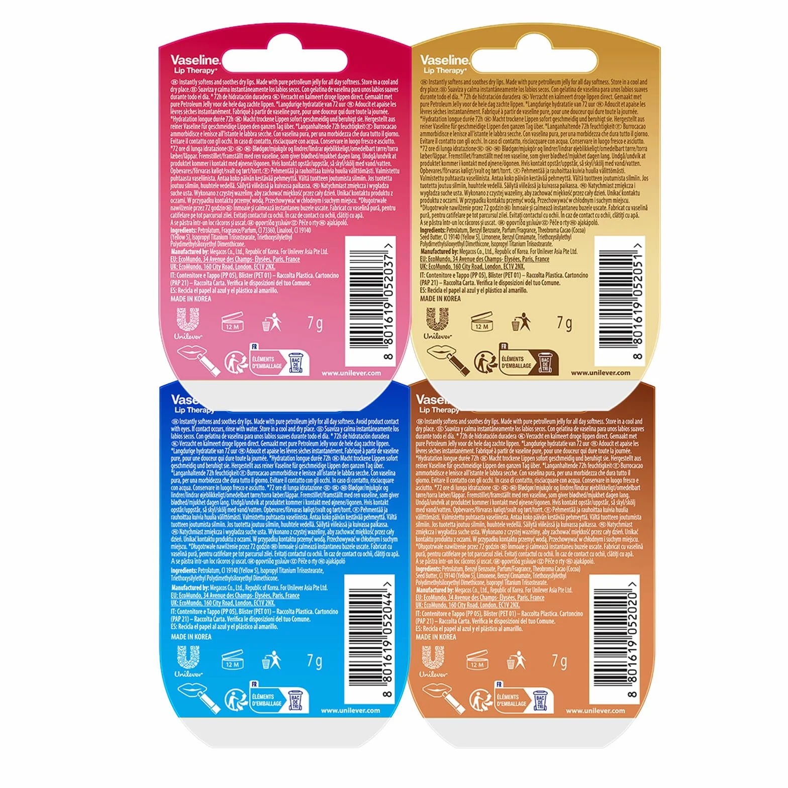 Vaseline Lip Therapy Balsamo idratante per le labbra Set di 4 balsami Rosy Crème Brûlée Original Cocoa Butter
