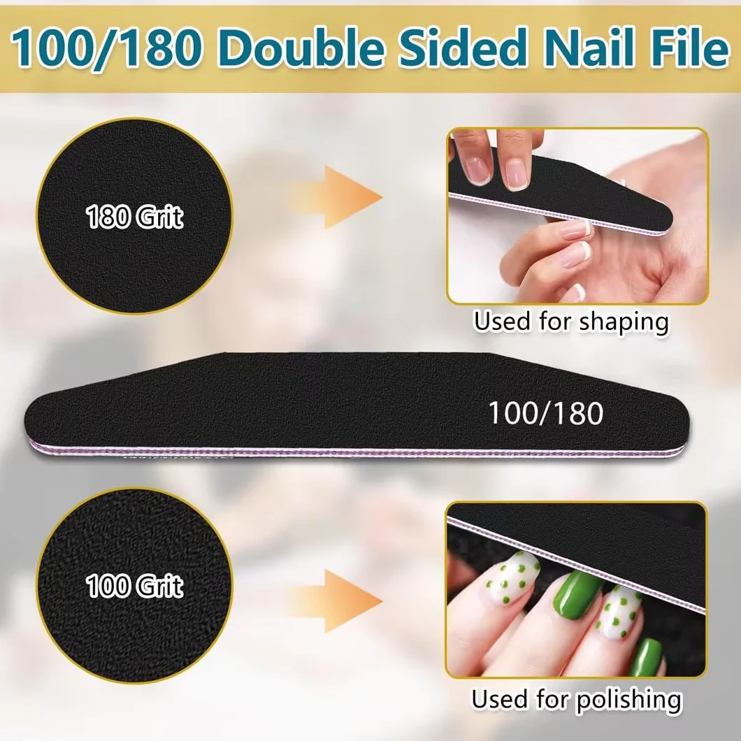 elzle 10 Pezzi Lime per Unghie Professionali, Lima per Unghie 100/180 Doppia Faccia con Mezza Luna Bilaterale, Set per Cura Unghie Lavabile Strumenti Manicure (Nero)