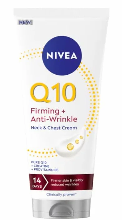 NIVEA Q10 Crema Rassodante Antirughe per Collo e Scollatura (200 ml), Crema Idratante Corpo 72h con Creatina e Provitamina B5, per una pelle più soda, rughe ridotte in 14 giorni
