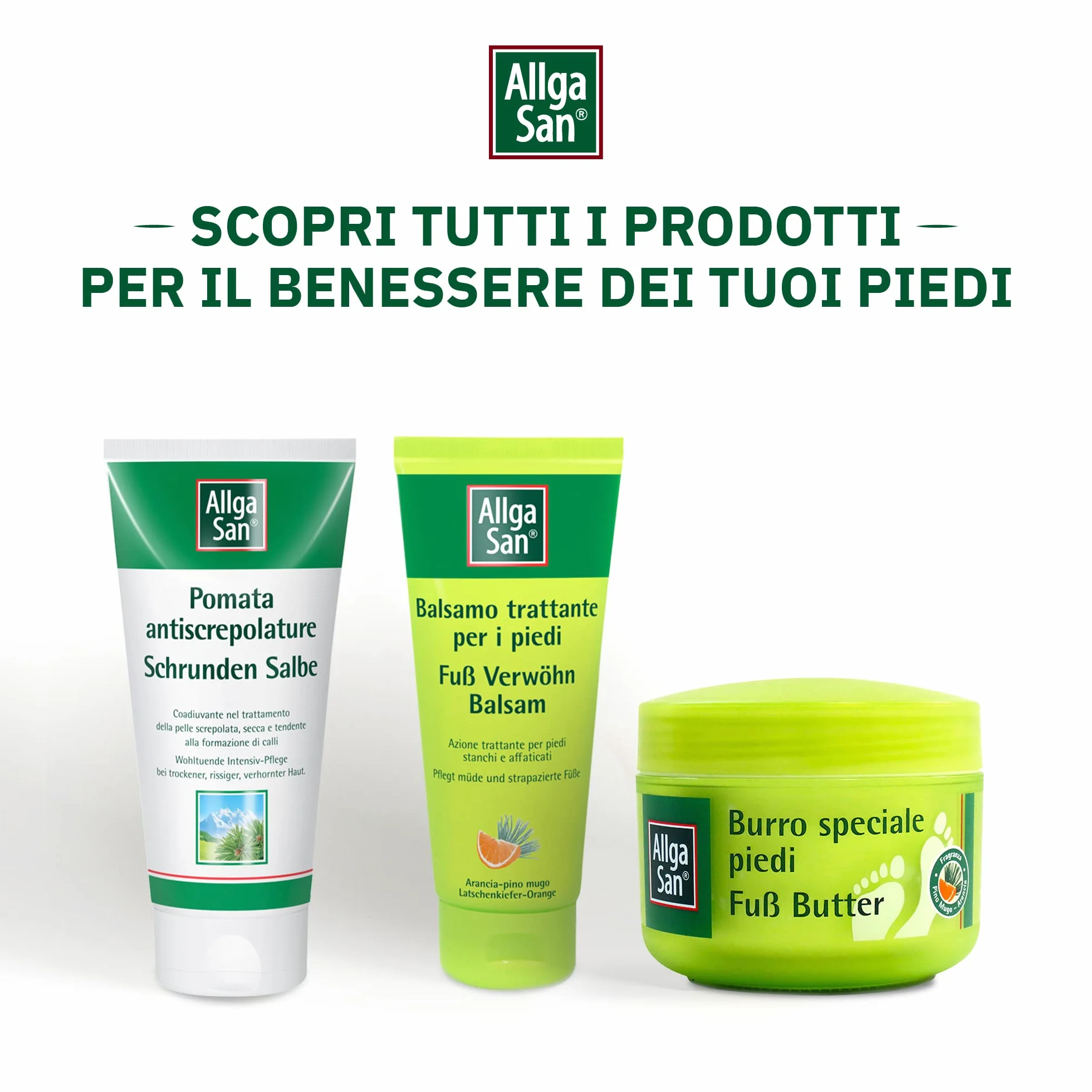 Allga San Balsamo Trattante per Piedi - Crema Piedi Secchi Screpolati 100 ml, Trattamento Cosmetico, Idratante e Nutriente per Sollievo a Piedi Stanchi e Appesantiti, con Pino Mugo e Arancia