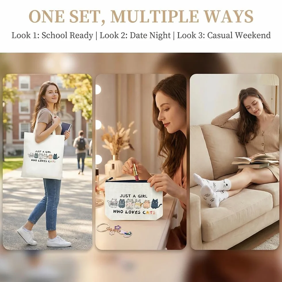 Set Regalo ：Borsa Tote Canvas, Borsetta per Trucco, Calzini & Braccialetto - Regalo per Donne, Ragazze