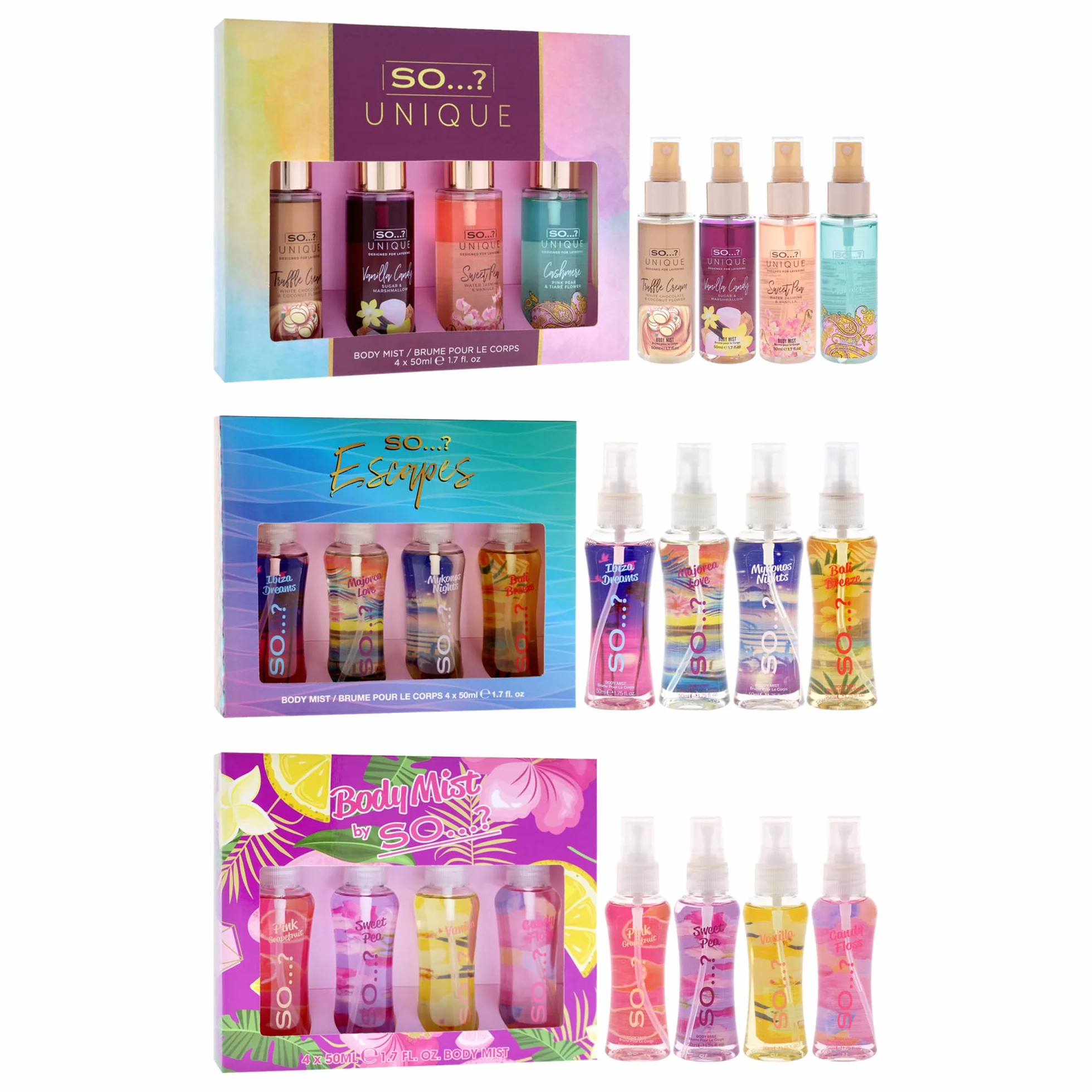 So…? Summer Escapes, Body Mist by So…? & Unique Womens Gift Sets Bundle, Body Mist Fragrance Spray (4x50ml) Pack of 3