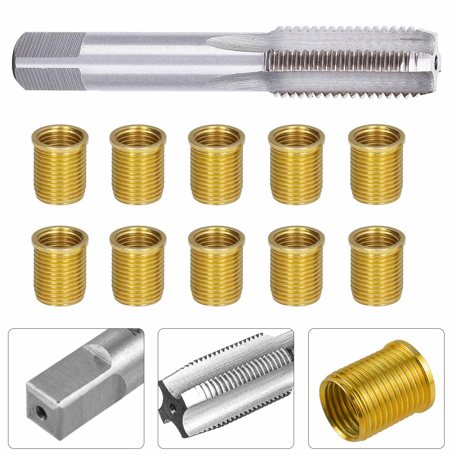 Attrezzo per Riparazione Foro Filettato Candela M14 × 1.25 mm, Metallo, per Motori a Benzina e Diesel, 10 Pezzi