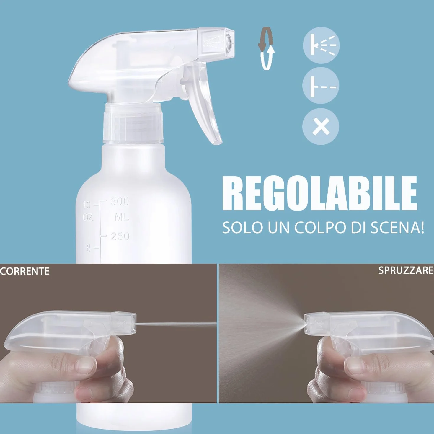 VEXPLO Spruzzino Nebulizzatore 300ml, Bottiglie Spray Vuote in Plastica Senza BPA, Regolabile Mist/Stream, Confezione da 2