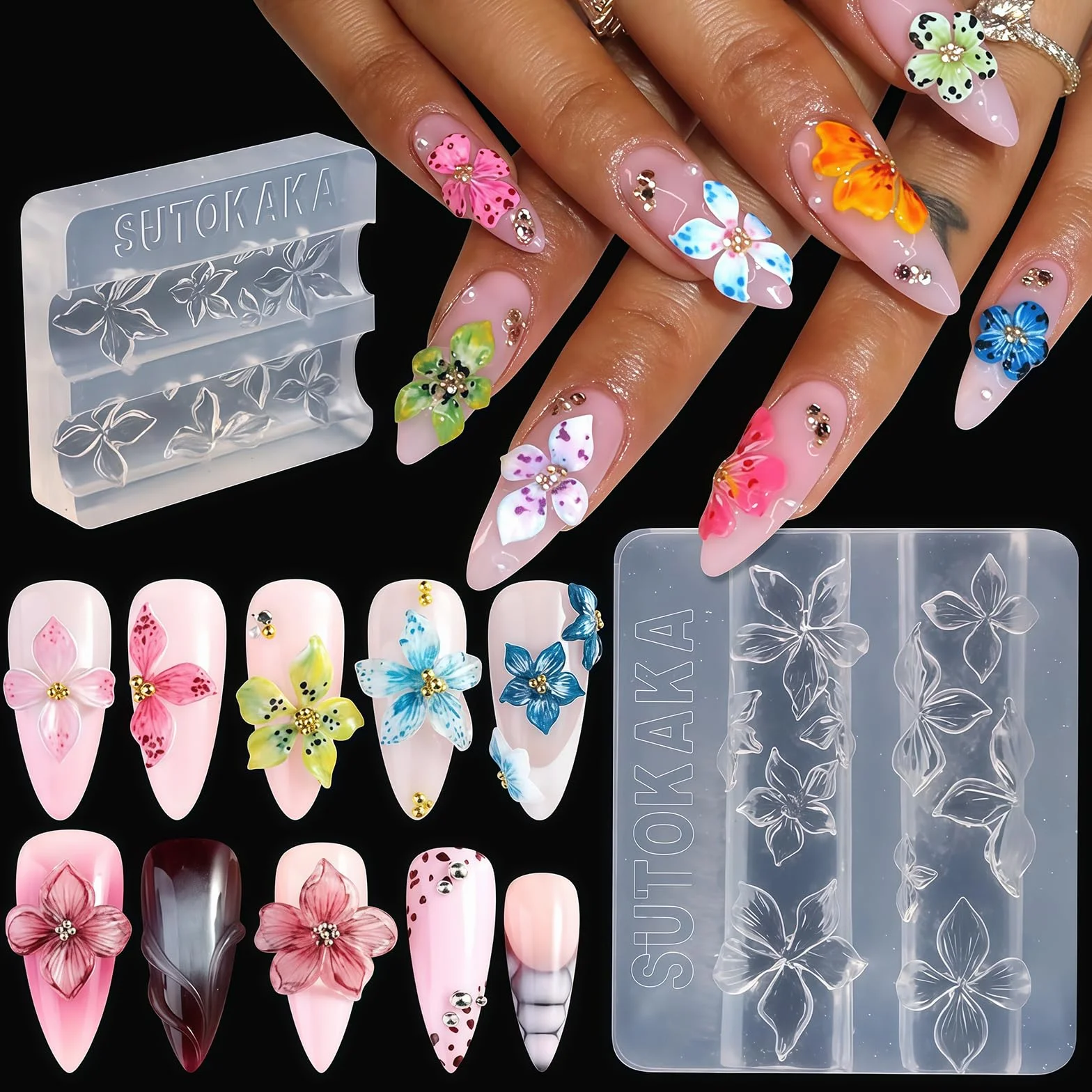 Nails Mold, Stampo per Unghie per Nail Art con Forma in Silicone a Fiori, 3D Gel Nail Art Stampo per Accessori DIY Manicure
