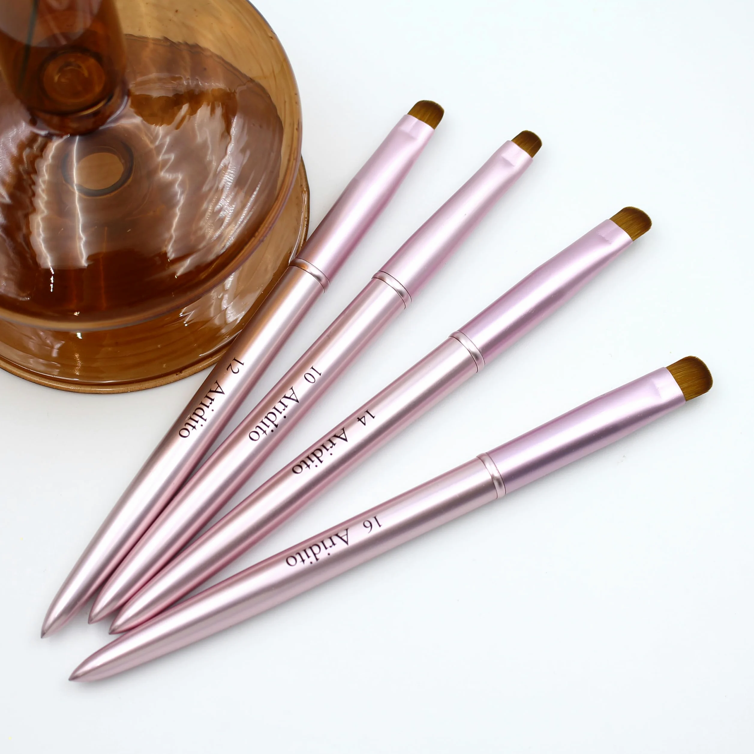 4 pennelli per unghie francesi in metallo rosa, pennello professionale a punta francese, spazzola per la pulizia delle unghie (#10, #12, #14, #16)