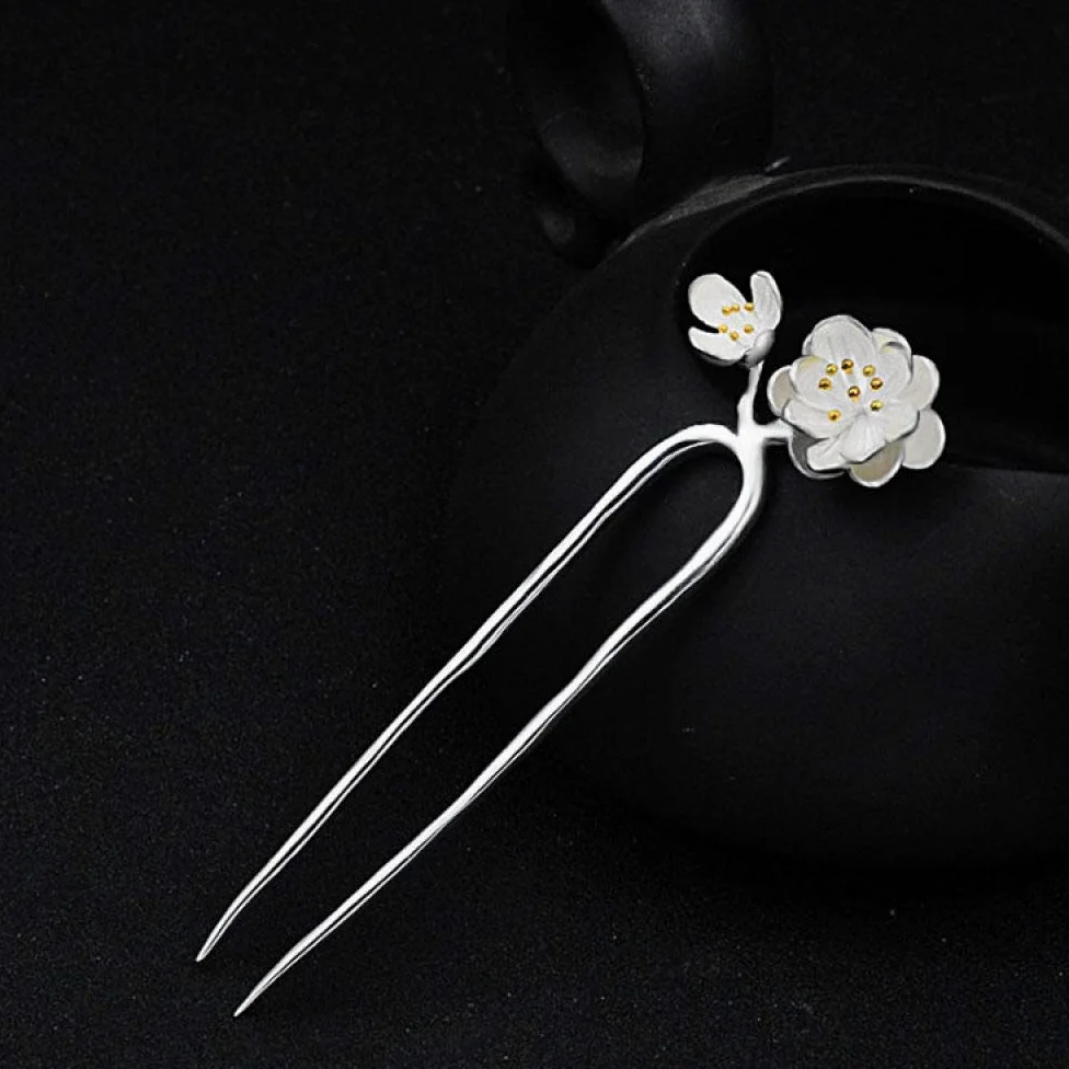 Gioielli per Capelli Cinesi, Bacchette for Capelli retrò a Forma di U in Argento 925 for Donna, 2 forcine for Capelli con Fiori di pesco, Perle Etniche, 2 Punte for Chignon.