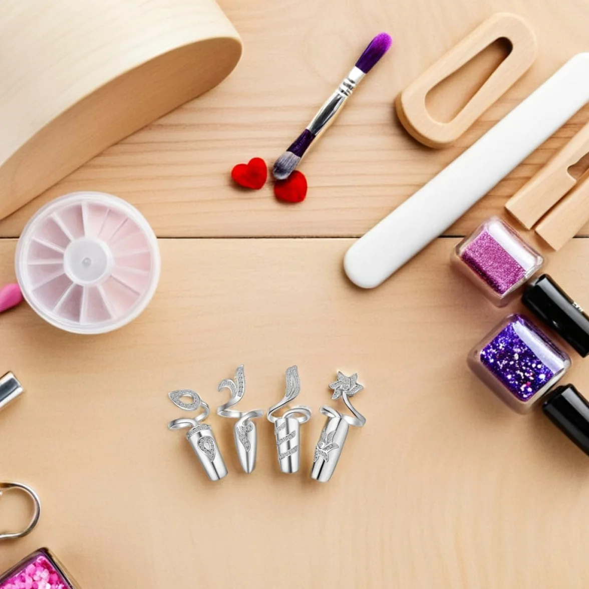 FOMIYES Anello Aperto per Unghie Donna con Pietre Brillanti in Lega 4 Pezzi | Argento, senza Colla, Fissaggio Stabile, per Occasioni Speciali e Feste come Prom e Natale