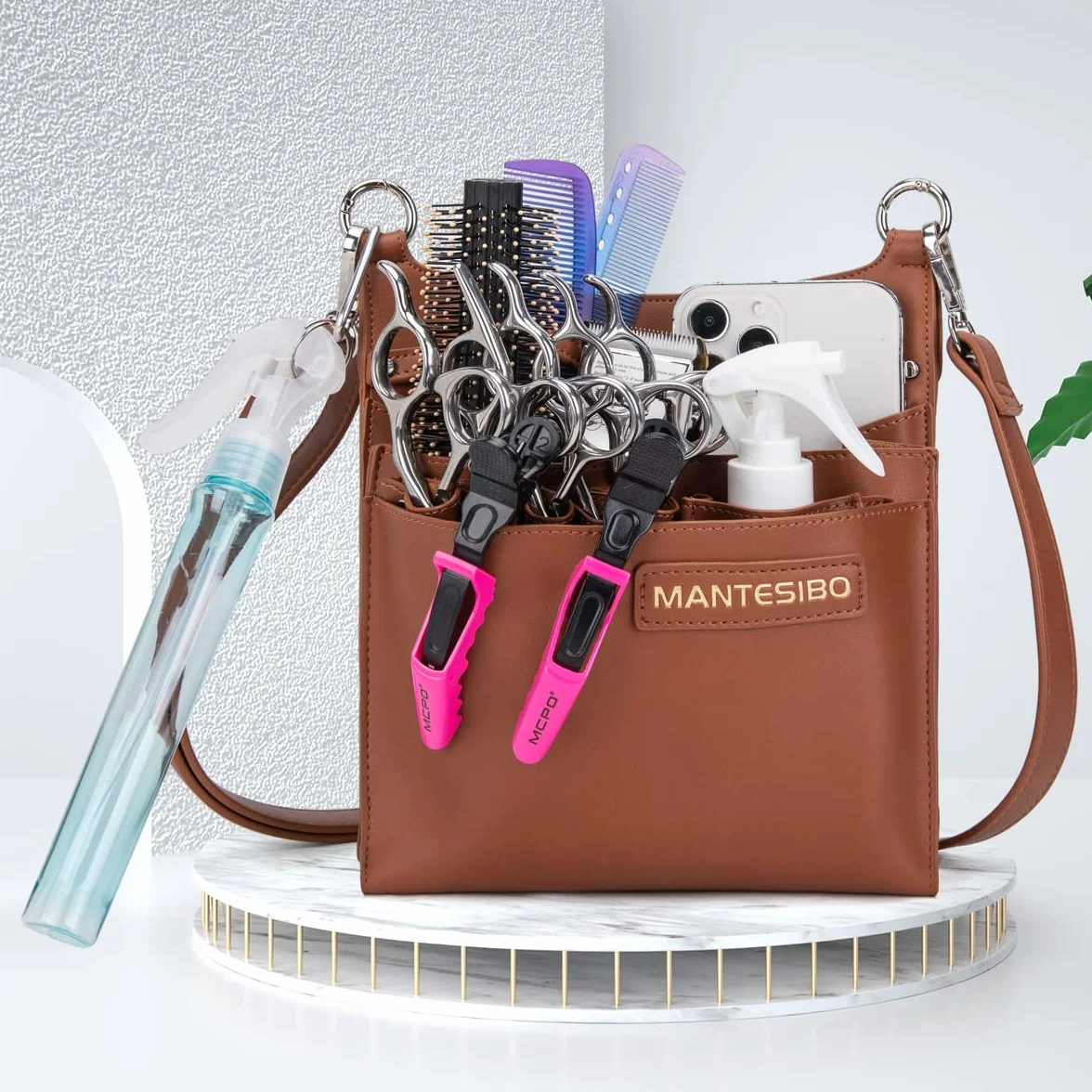 Marsupio per Parrucchiere, Marsupio per Strumenti per Parrucchieri, Marsupio per Forbici, per Taglio di Capelli con Tracolla Regolabile per Pettini, Rasoi, Forbici, Clip (LQ-IT Marrone)